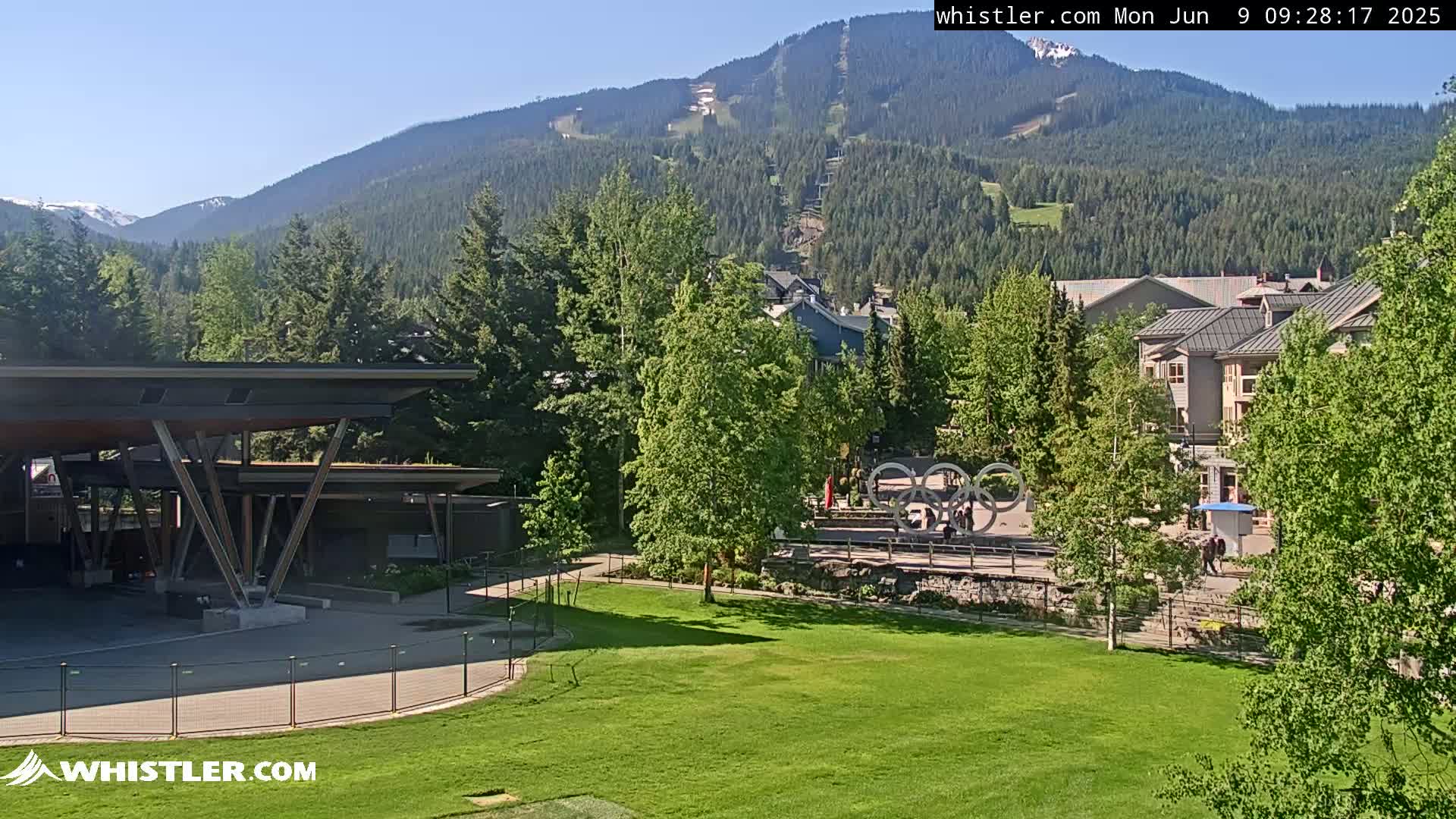 A sunny view of a green grassy field with a modern building in the foreground, Olympic rings in the midground, and mountains with ski runs in the background.