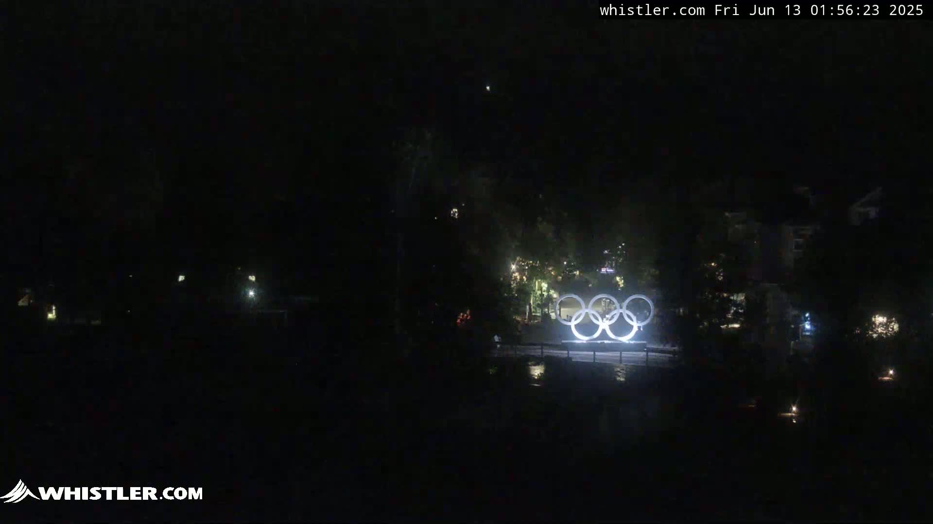 At night, illuminated Olympic rings stand out against a dark background of trees and buildings under a clear sky.