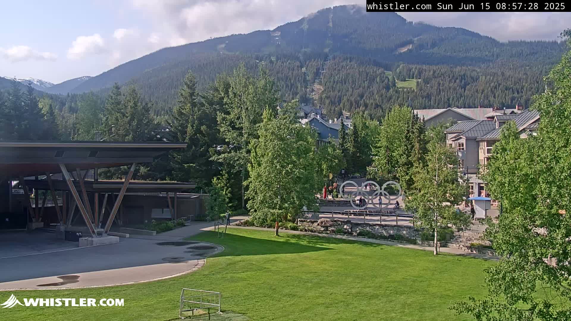 A partly cloudy day reveals a green grassy park, a modern building with a covered area, and a village nestled at the base of a mountain with a ski lift visible on its slopes.