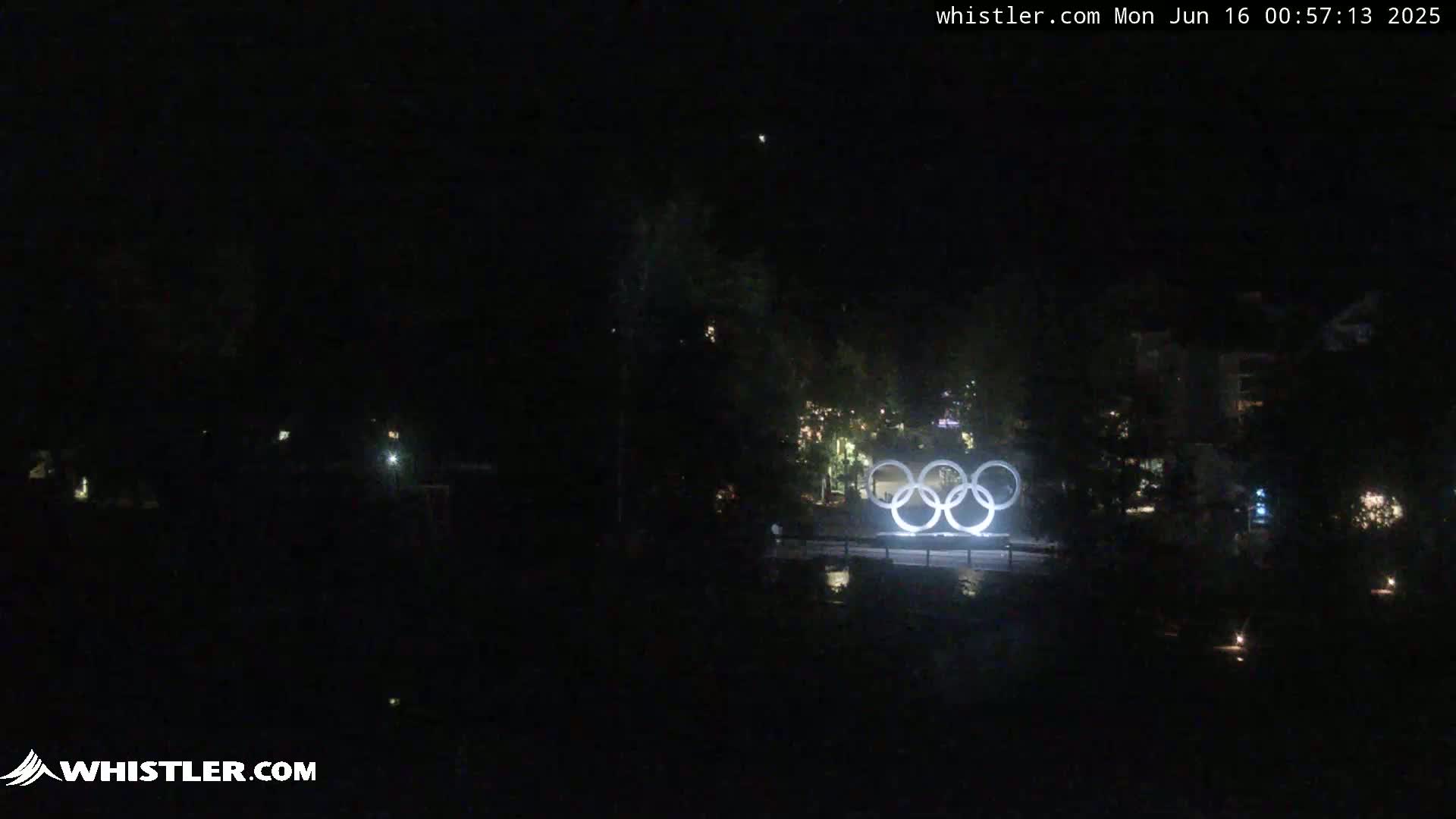 A nighttime long shot of the Olympic rings illuminated, situated amidst dark trees and buildings under a clear, dark sky.