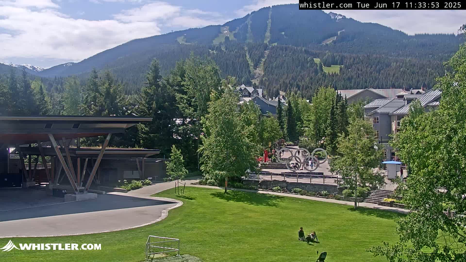 A sunny day reveals a mountainside ski resort nestled amongst lush green trees and a grassy park with people relaxing, all overlooked by a modern covered structure.