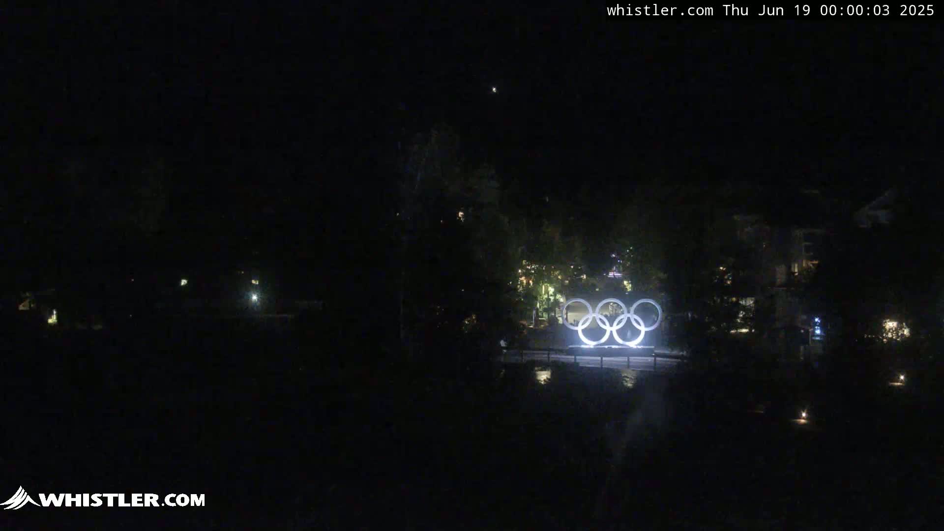 The illuminated Olympic rings are visible at night, surrounded by dark trees and buildings.