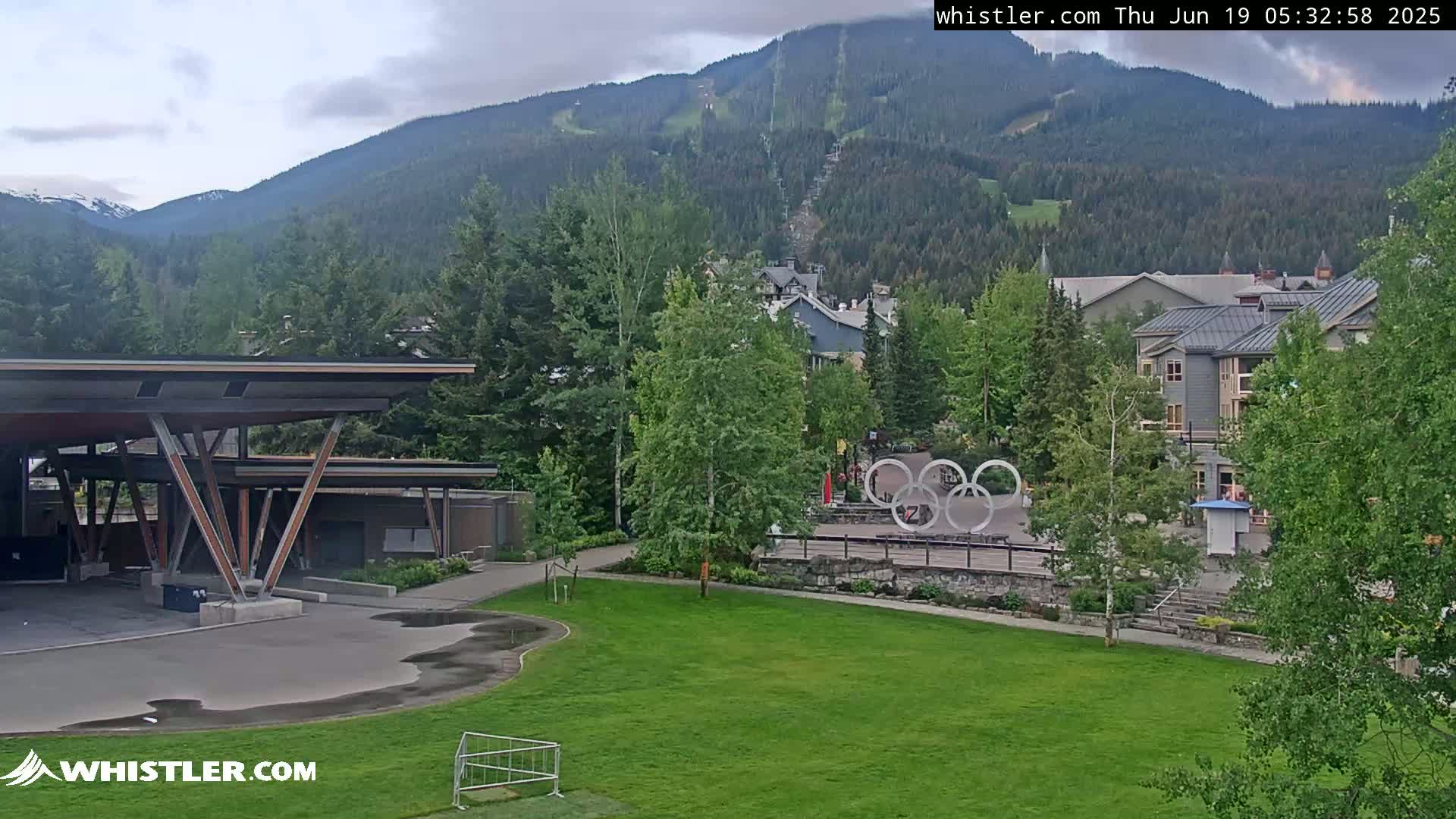 A mountainside view shows a village nestled amongst green trees under a cloudy sky, with a large grassy area in the foreground and the Olympic rings visible in the midground.