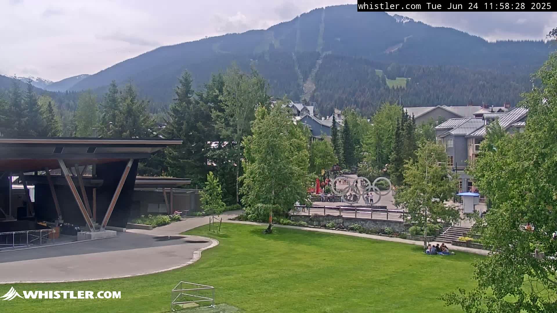 A grassy park with a modern pavilion and Olympic rings sculpture sits below a mountain range on a partly cloudy day.