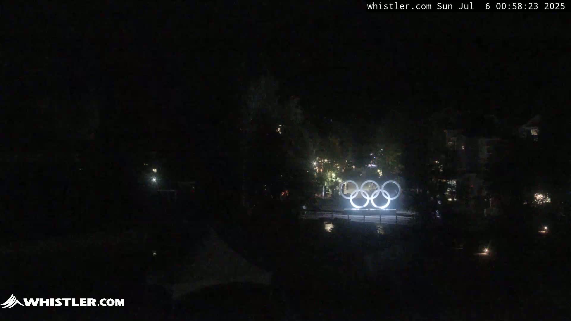 The illuminated Olympic rings are visible at night, surrounded by dark trees and buildings.