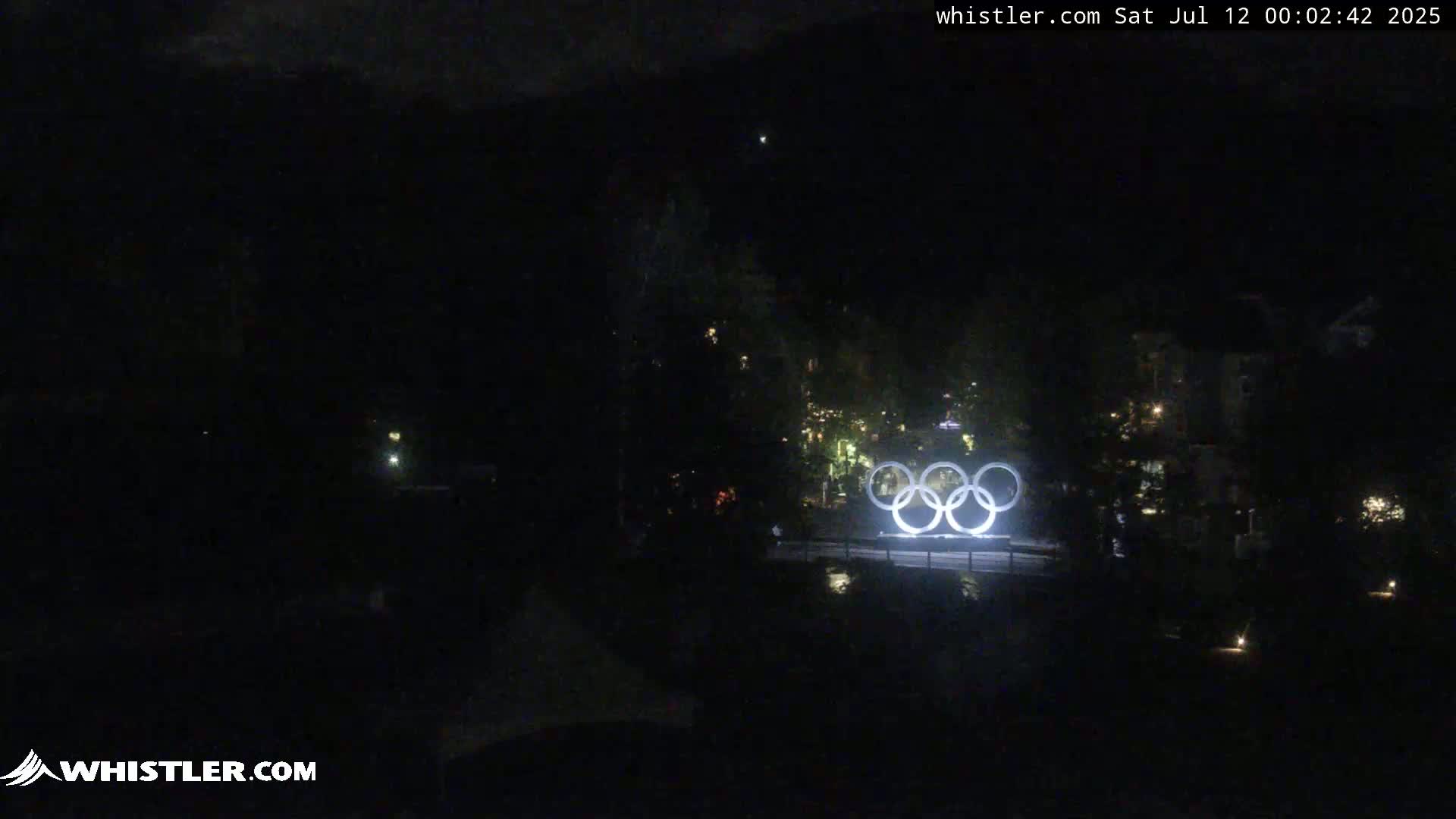 The illuminated Olympic rings are visible at night, surrounded by dark trees and buildings.