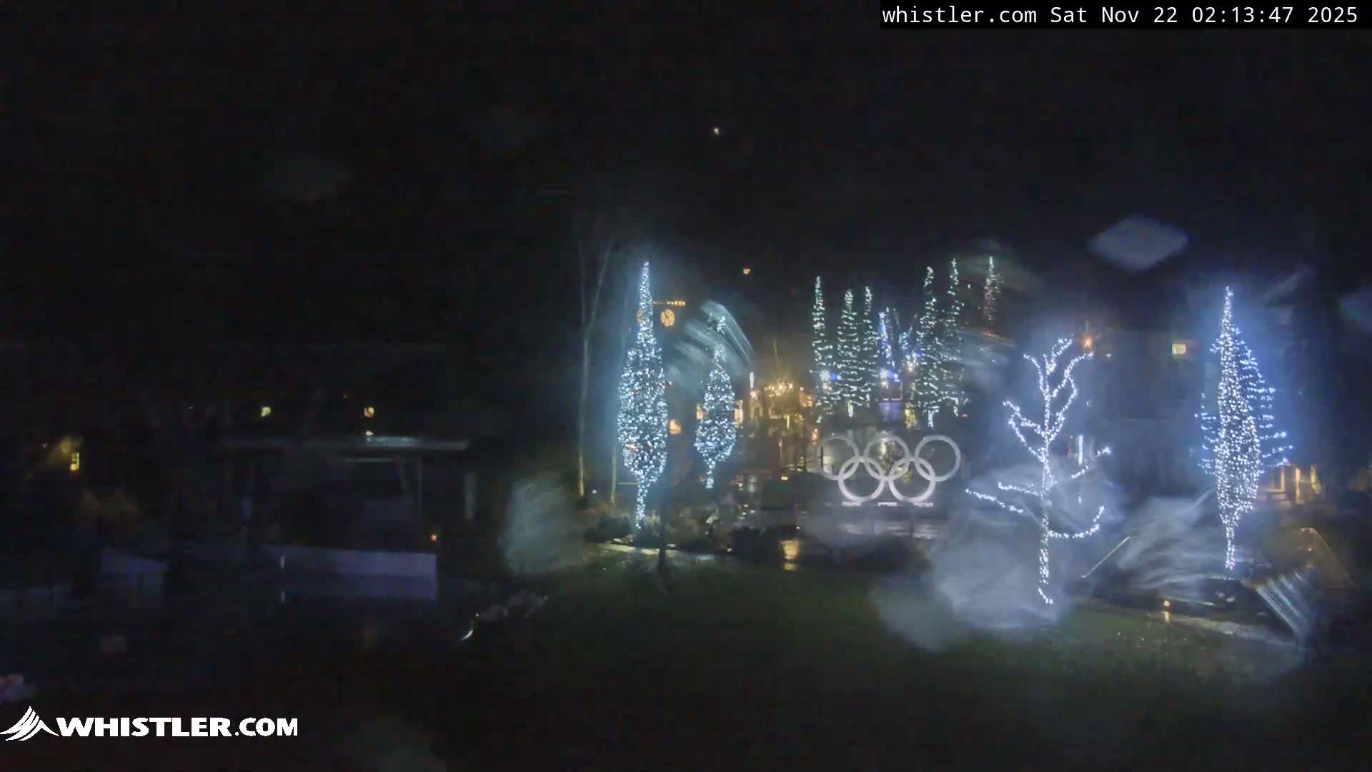 An outdoor night scene reveals numerous trees brightly adorned with white lights and a large illuminated set of Olympic rings, appearing somewhat blurry and streaky through a camera lens likely affected by rain or wet conditions.
