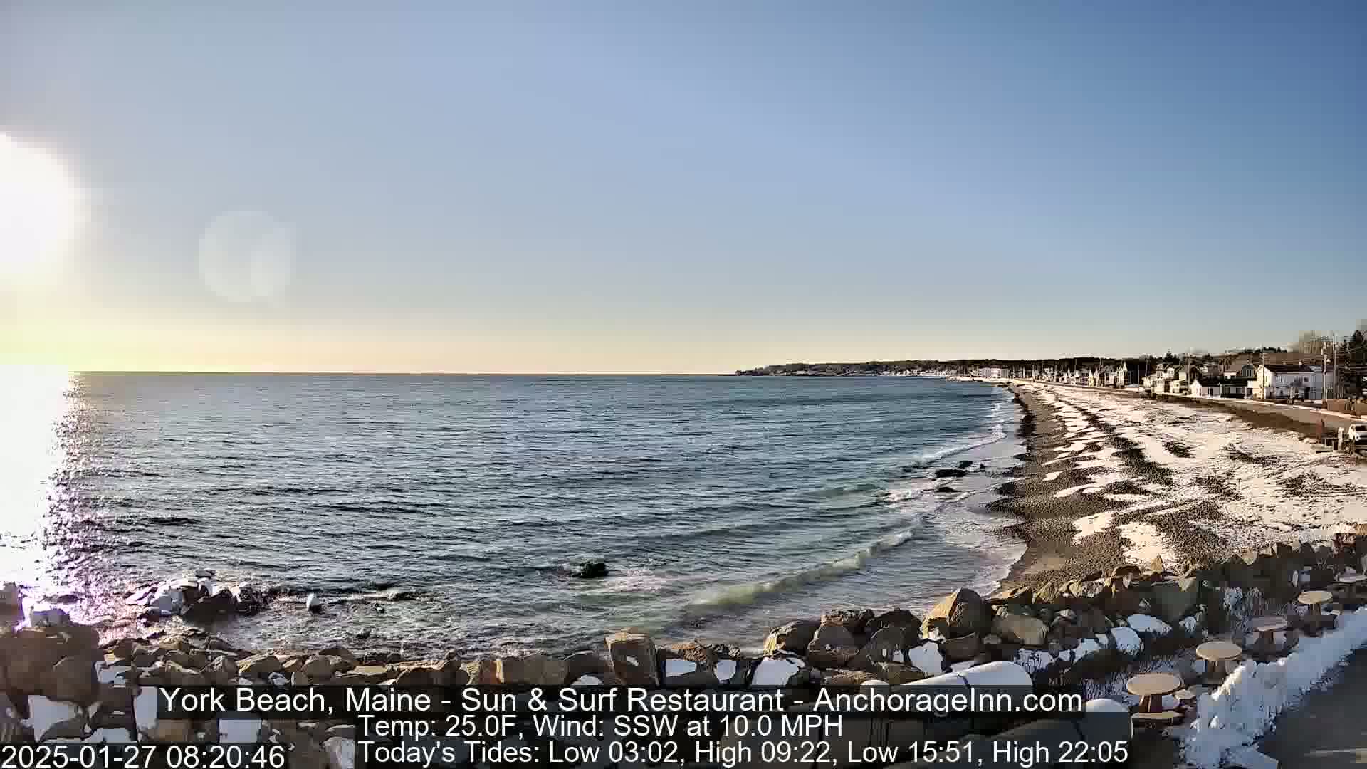 A partly sunny, cold day at a beach with a rocky shoreline, light waves, and patches of snow on the sand.