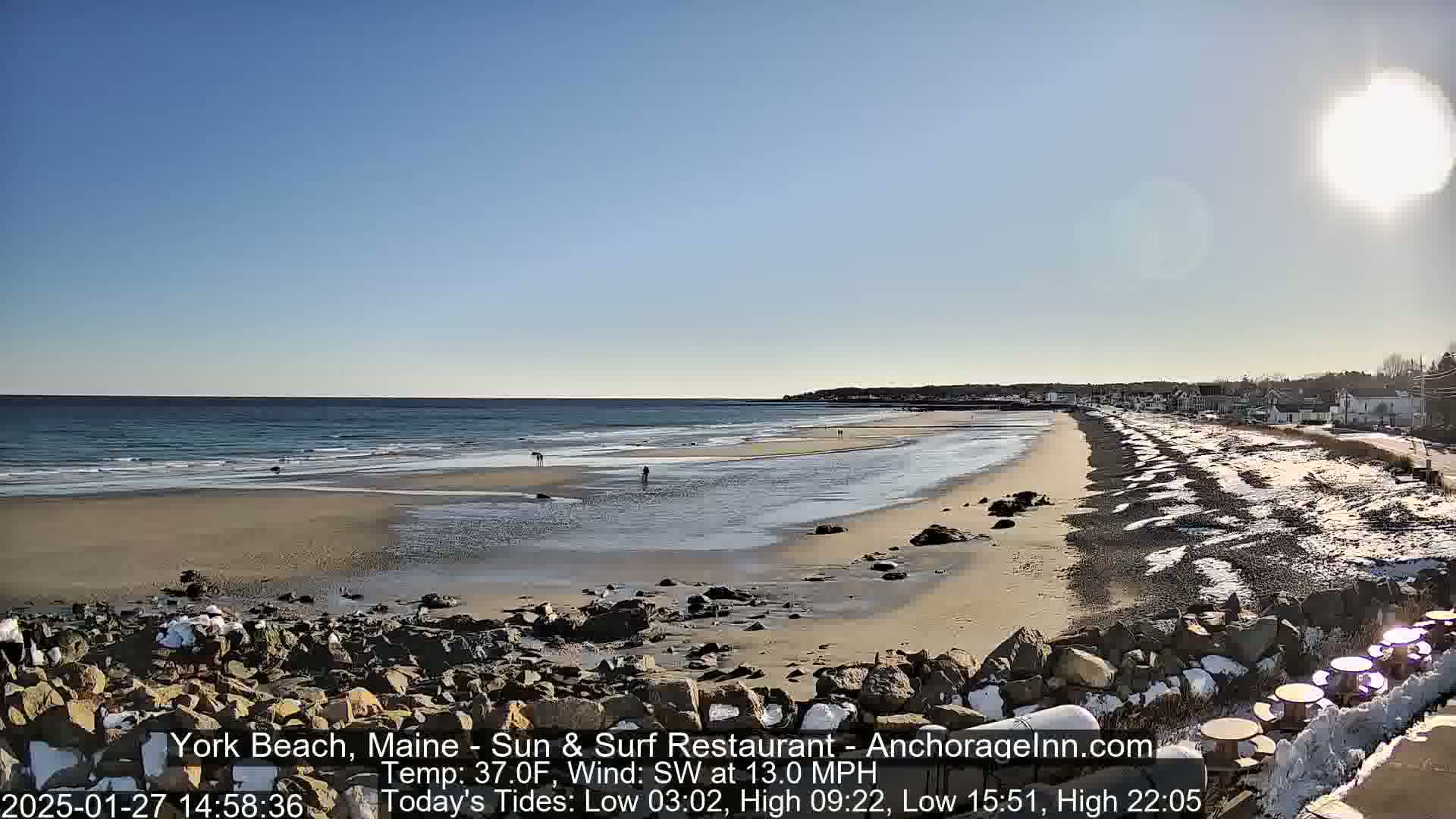 A sunny day at a beach with some patches of snow and ice on the sand, a calm ocean, and a few people walking along the shore.