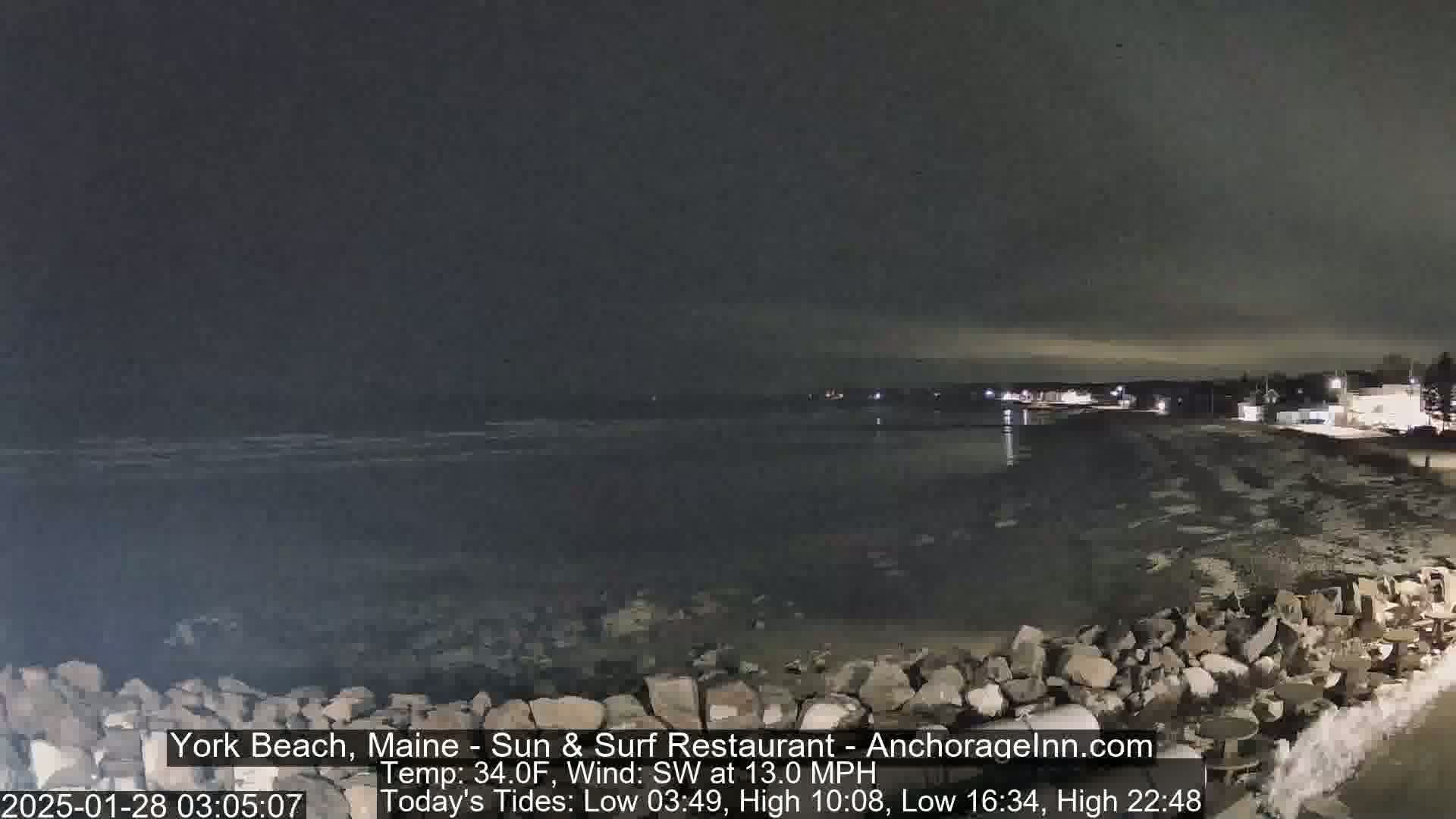 A nighttime coastal scene shows a dark, icy shoreline under a cloudy sky with a 13 mph southwest wind.