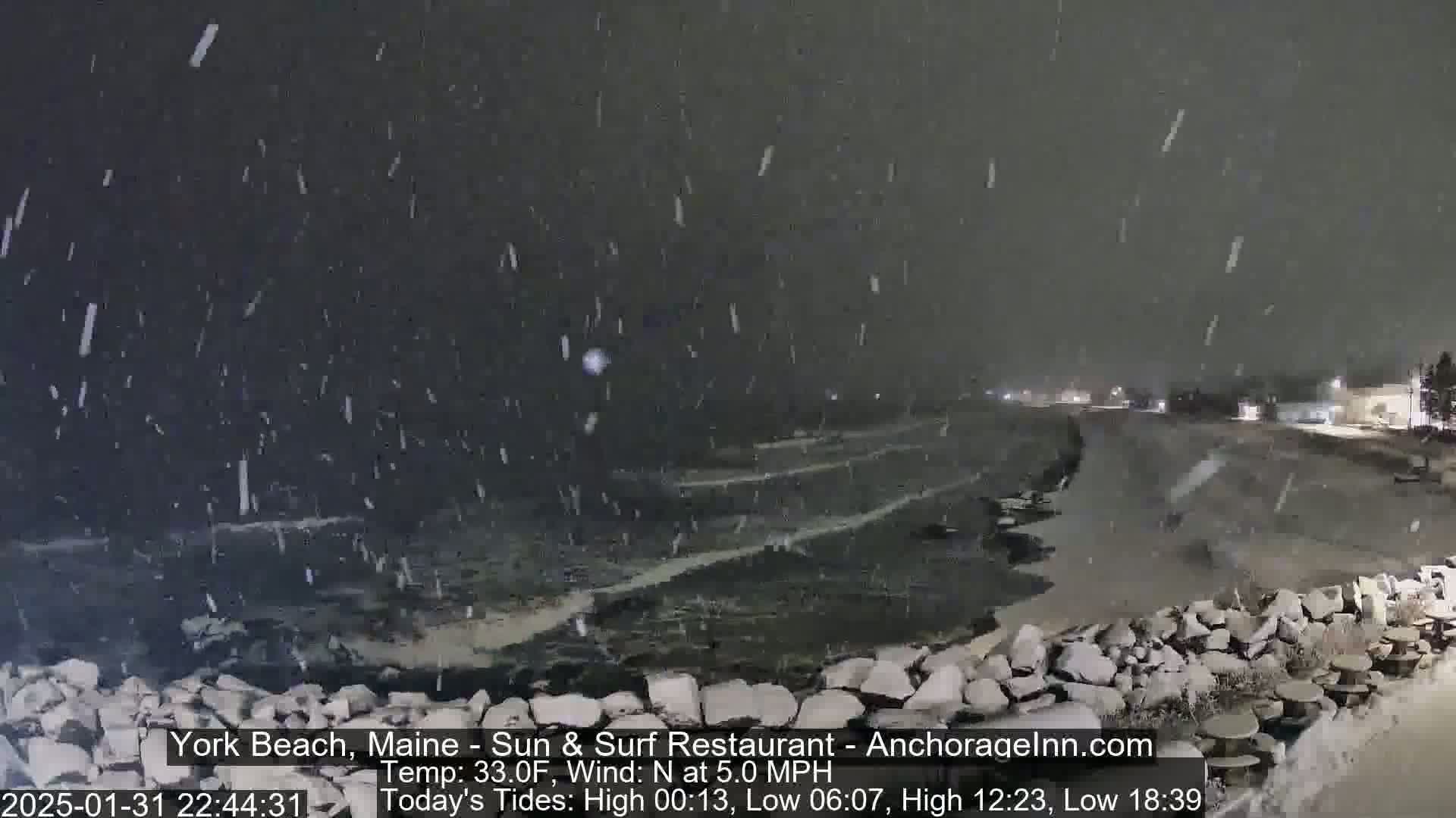 A nighttime coastal scene shows a rocky shoreline and dark water under heavy snowfall.
