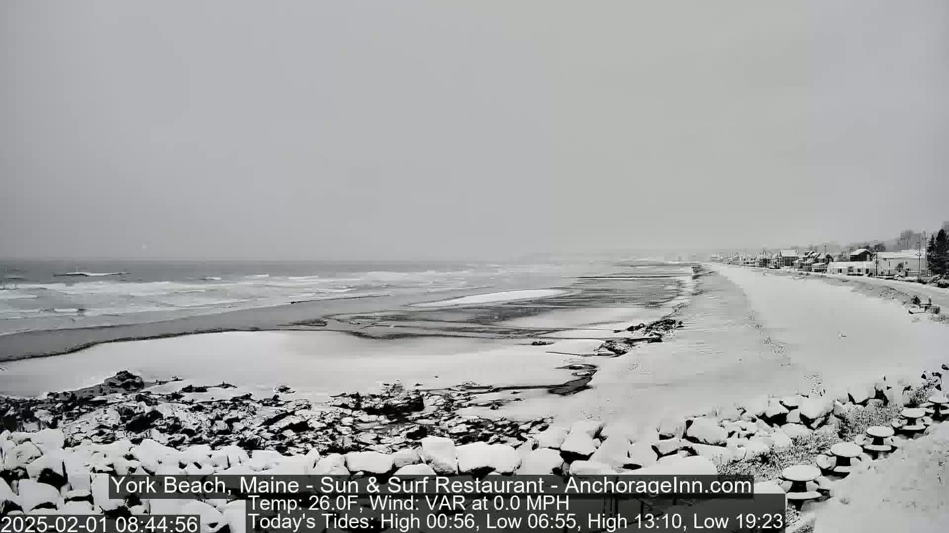 A snow-covered beach with a calm ocean and a line of buildings in the distance under an overcast sky.