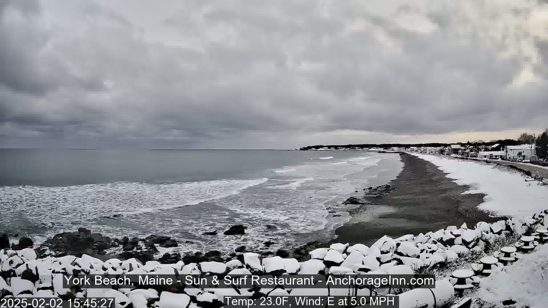 A snow-covered beach with dark sand and rocky shoreline is viewed from a snowy vantage point, with gray, overcast skies and waves breaking on the shore.