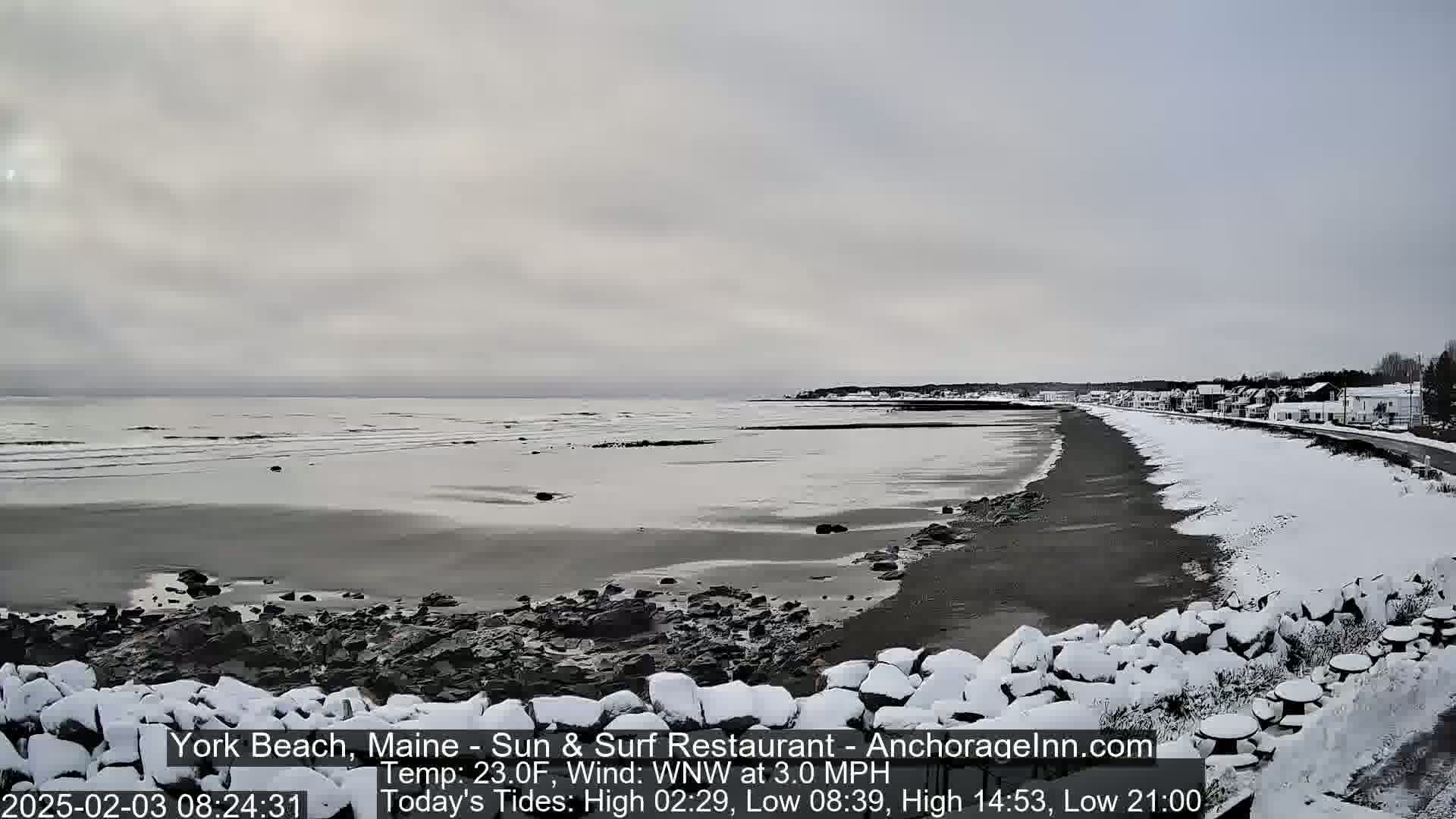 A snow-covered beach stretches alongside a calm, gray ocean under an overcast sky.