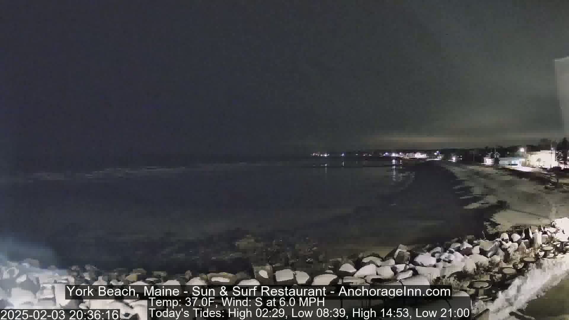 A dark, nighttime beach scene with a calm ocean, a rocky shoreline, and lights from buildings in the distance, under a clear, dark sky.