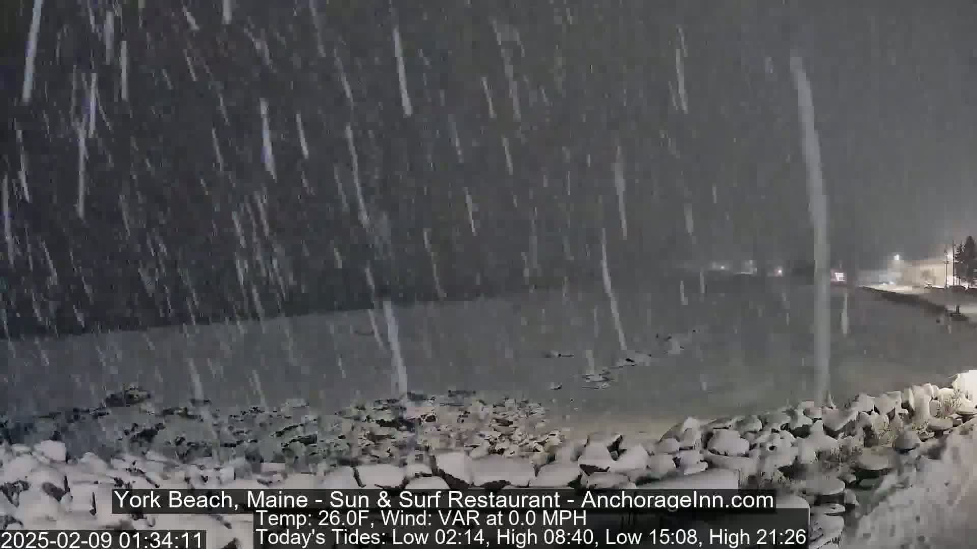 A snow-covered rocky shoreline is visible during a heavy snowfall at night.