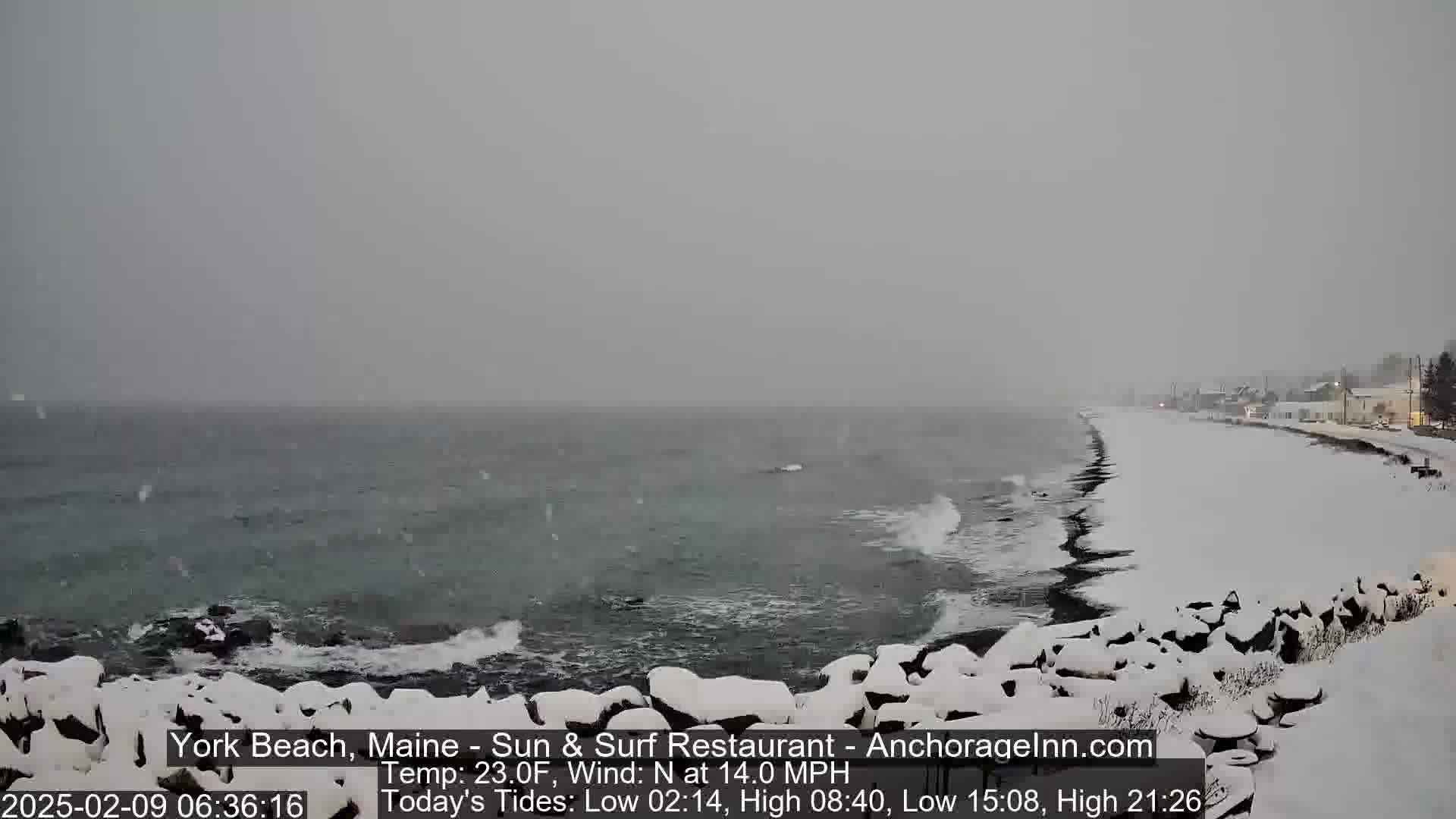 A snow-covered rocky shoreline meets a dark, choppy ocean during a heavy snowfall.