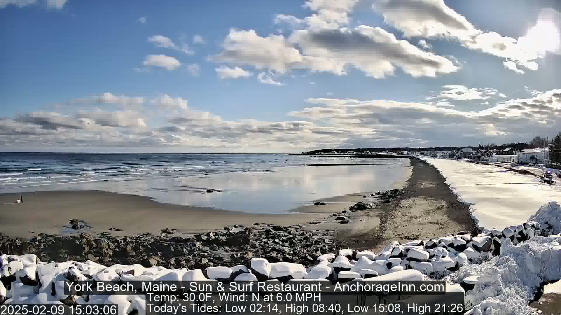A partly cloudy, 30°F day shows a snow-dusted beach with calm waves and a town in the distance.