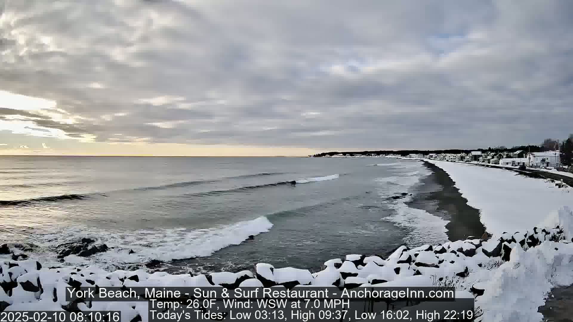 A snow-covered beach with small waves rolling onto the shore under a cloudy sky.