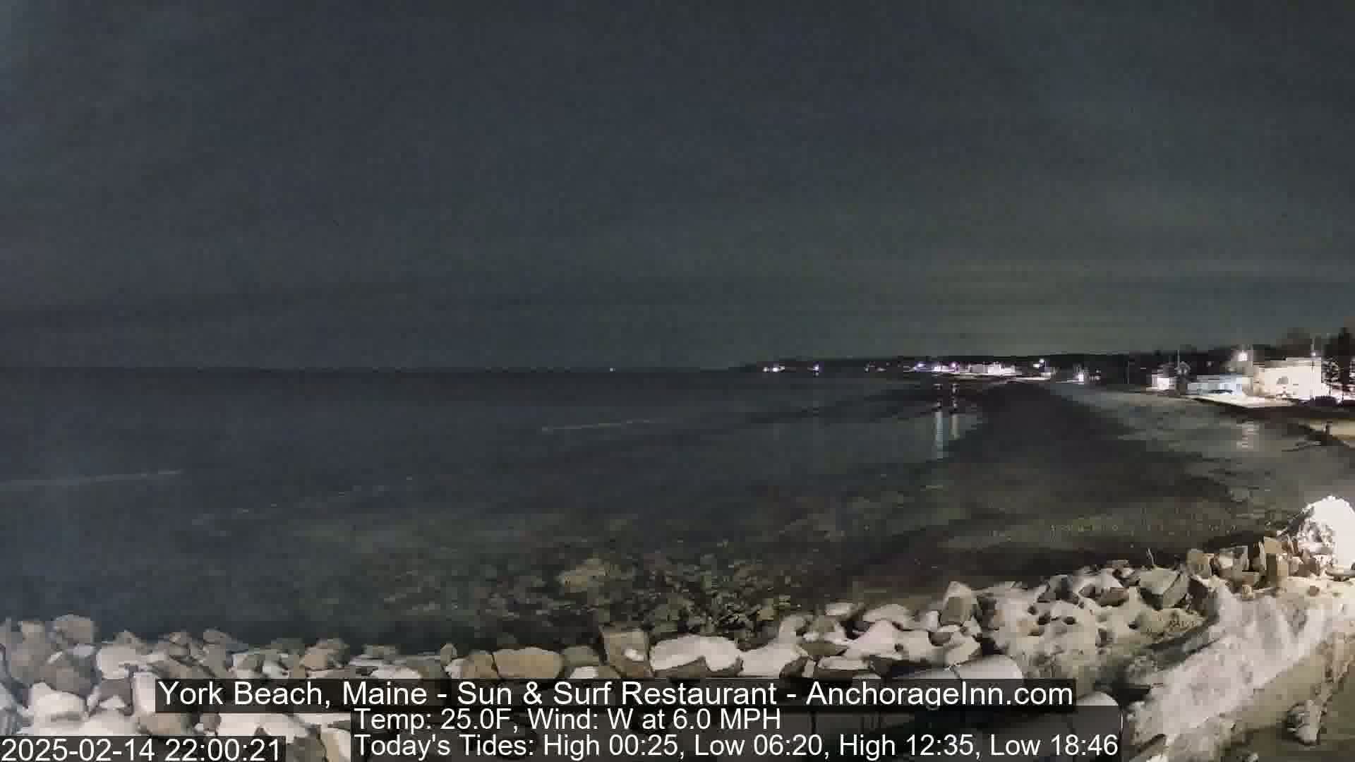 A nighttime view of a dark, calm ocean shore with a town visible in the distance under a clear, dark sky.