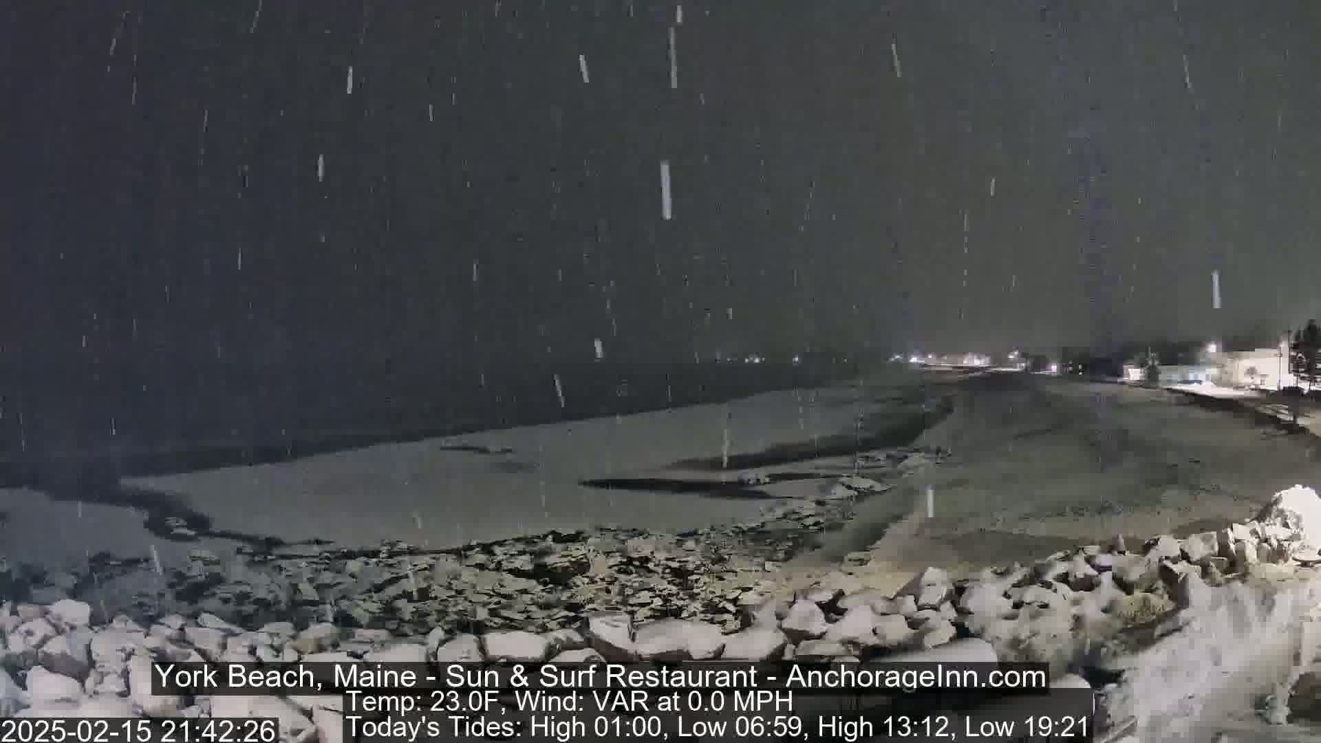 A snow-covered beach at night with a dark, calm body of water in the background under a lightly falling snow.