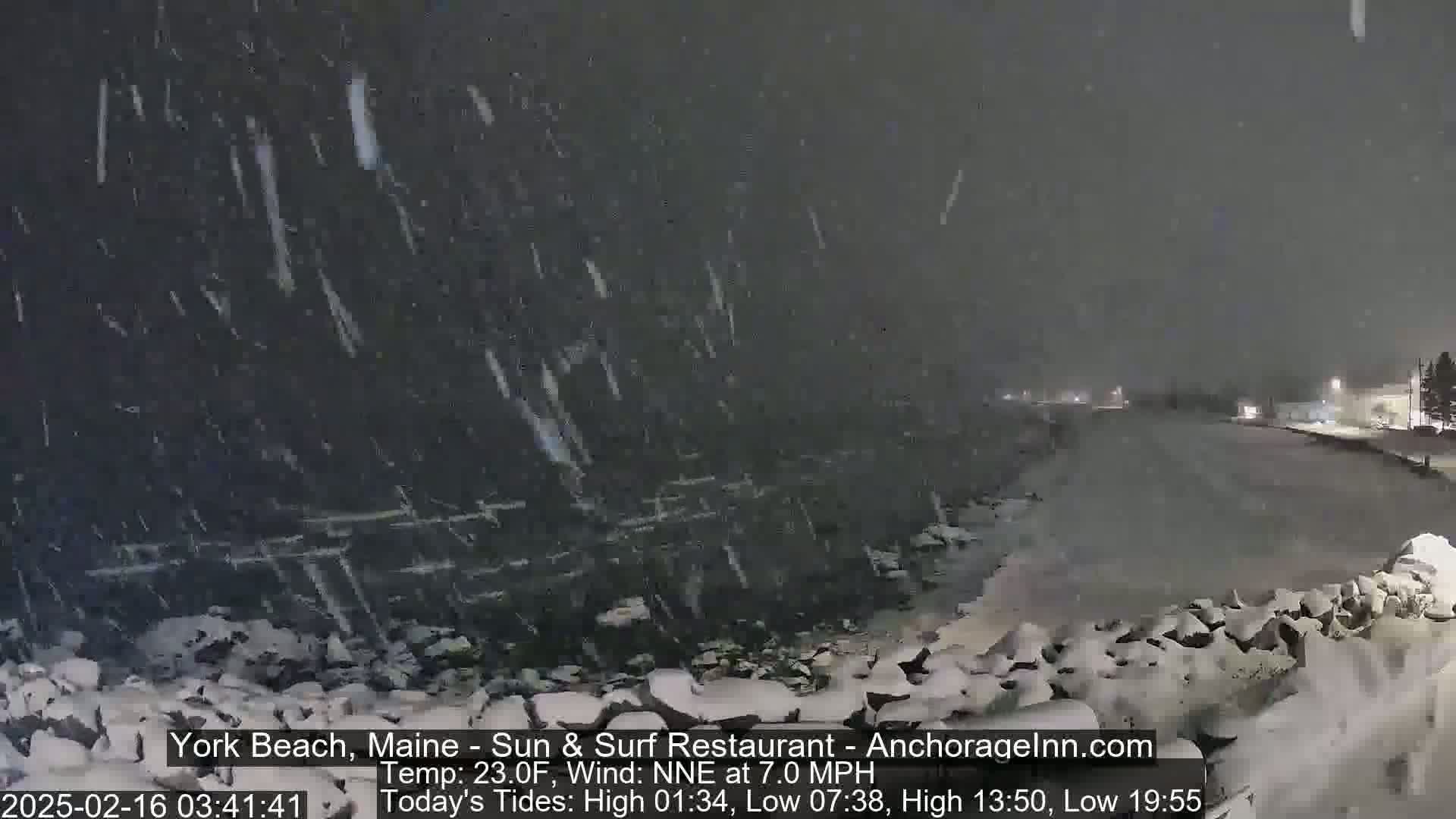 A snow-covered rocky shoreline is visible during a heavy snowfall at night.
