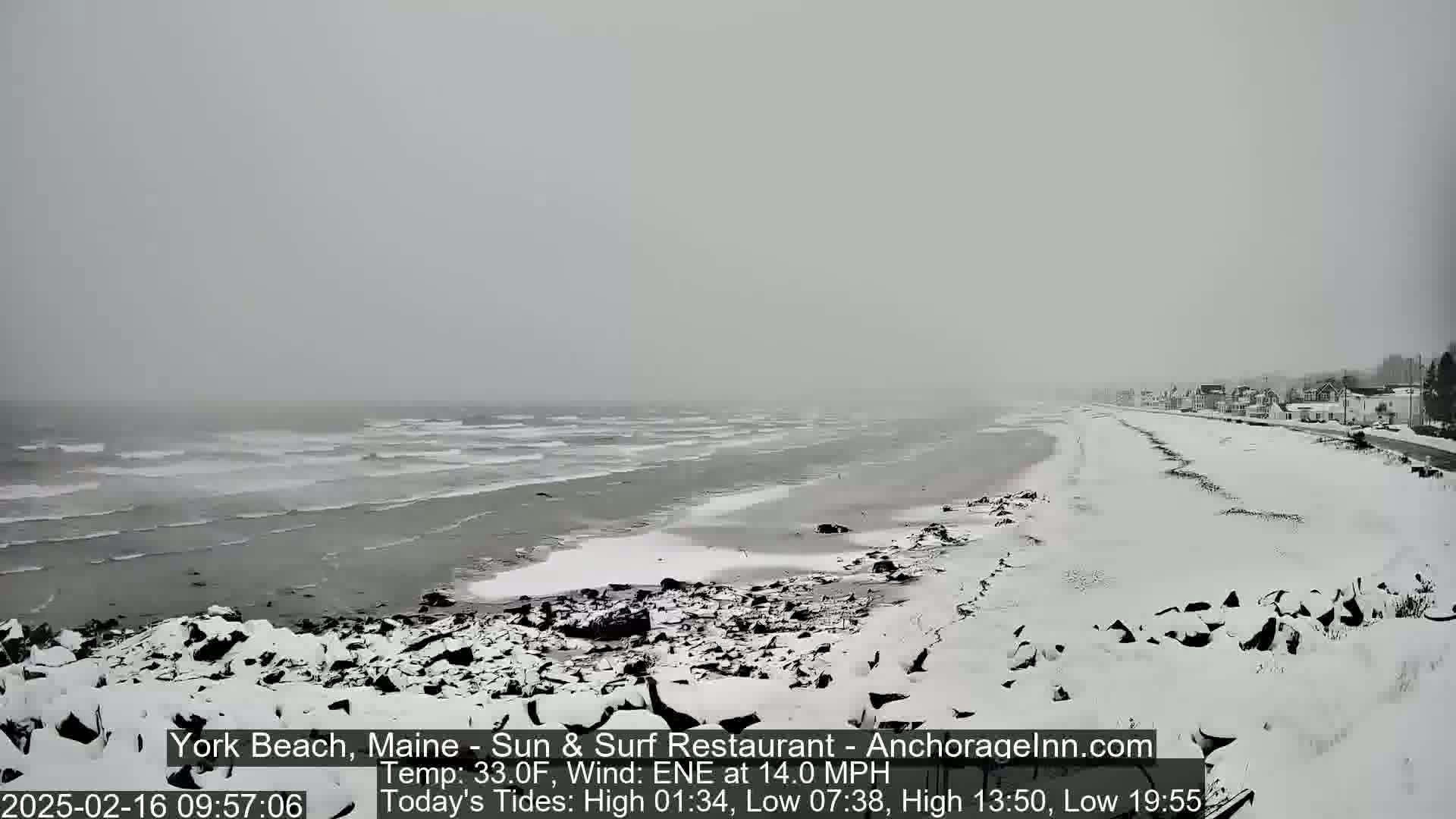 A snow-covered beach with a gray, overcast sky and choppy waves in the distance.