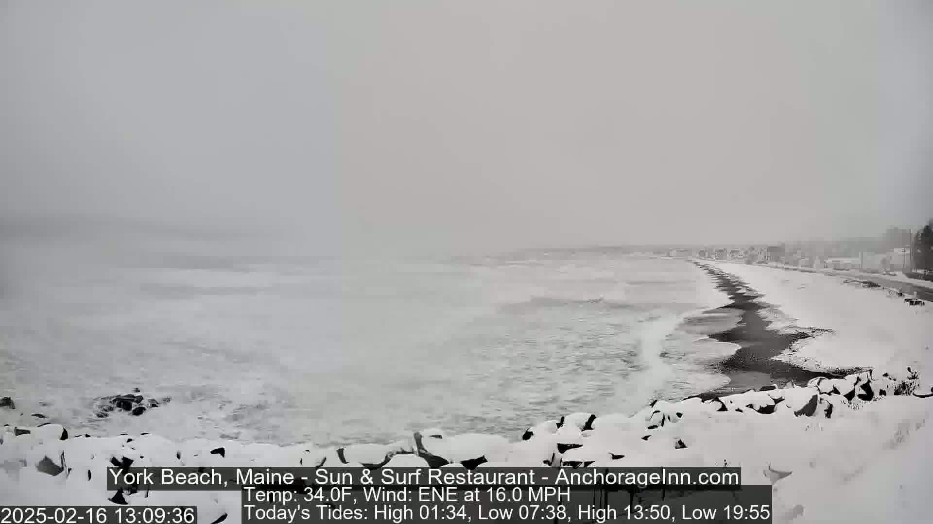 A snow-covered beach with a dark-colored shoreline and a gray, choppy ocean under a heavy overcast sky.