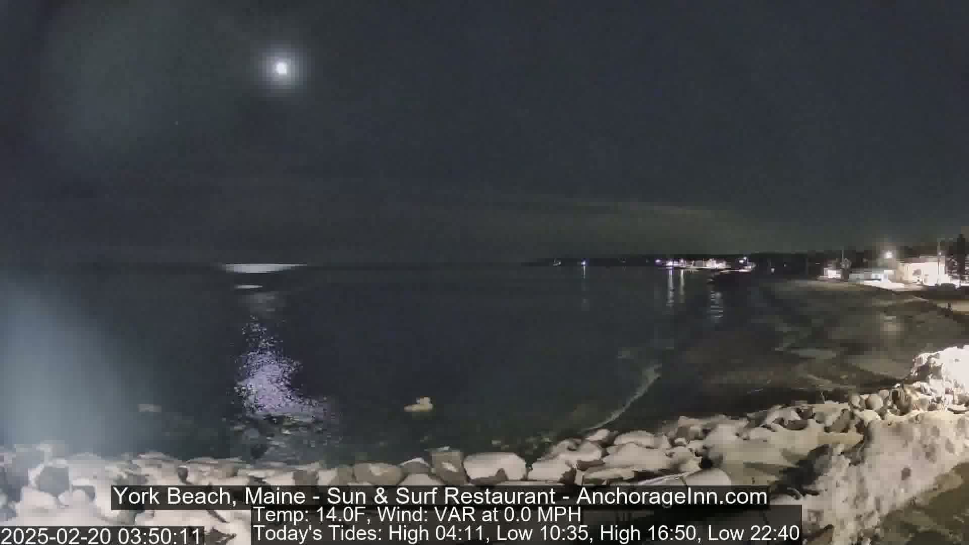 A nighttime view of a dark, calm ocean under a bright moon with a snow-covered shoreline.