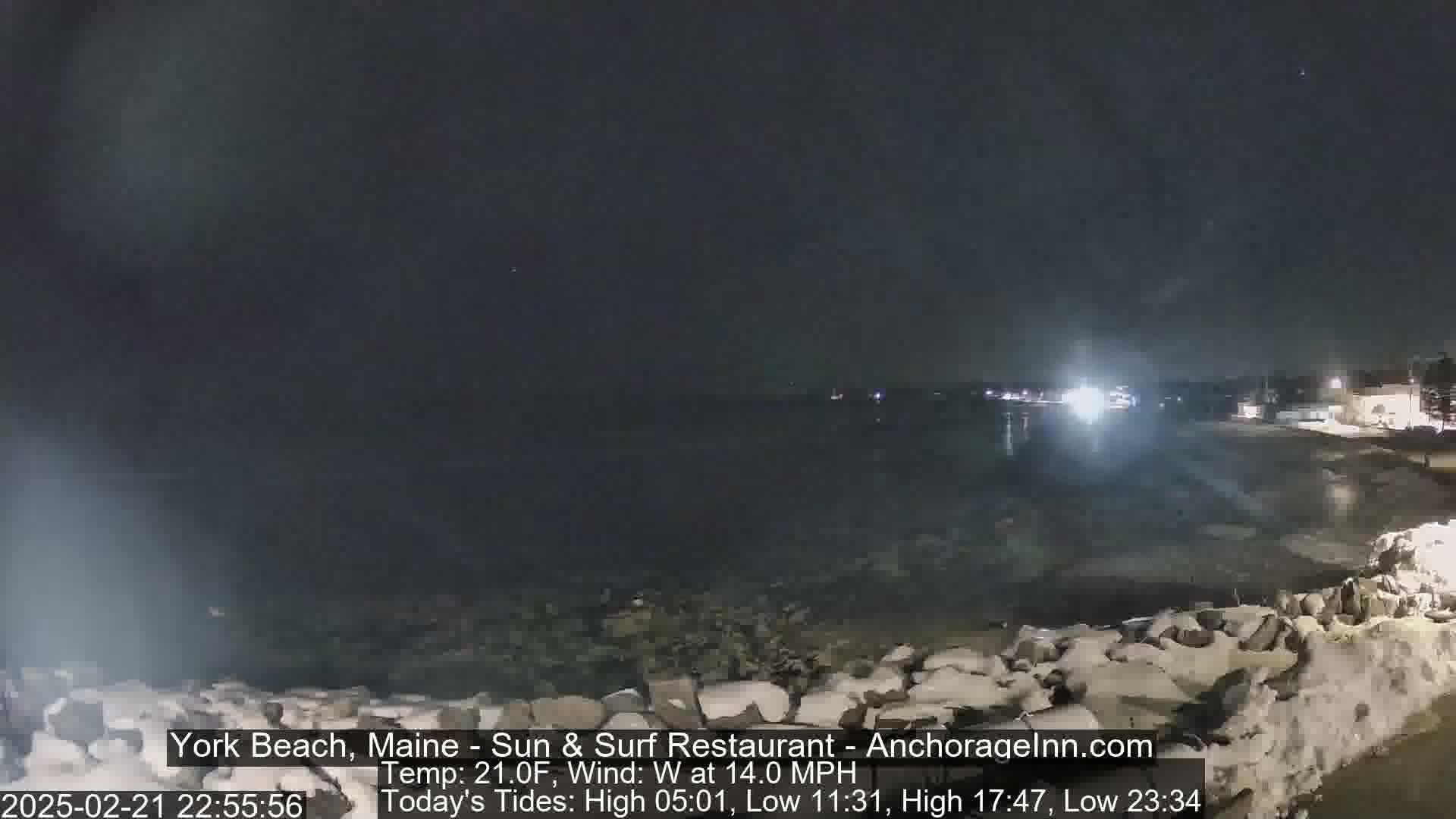 A nighttime view of a dark, icy shoreline with a body of water under a clear, starlit sky.