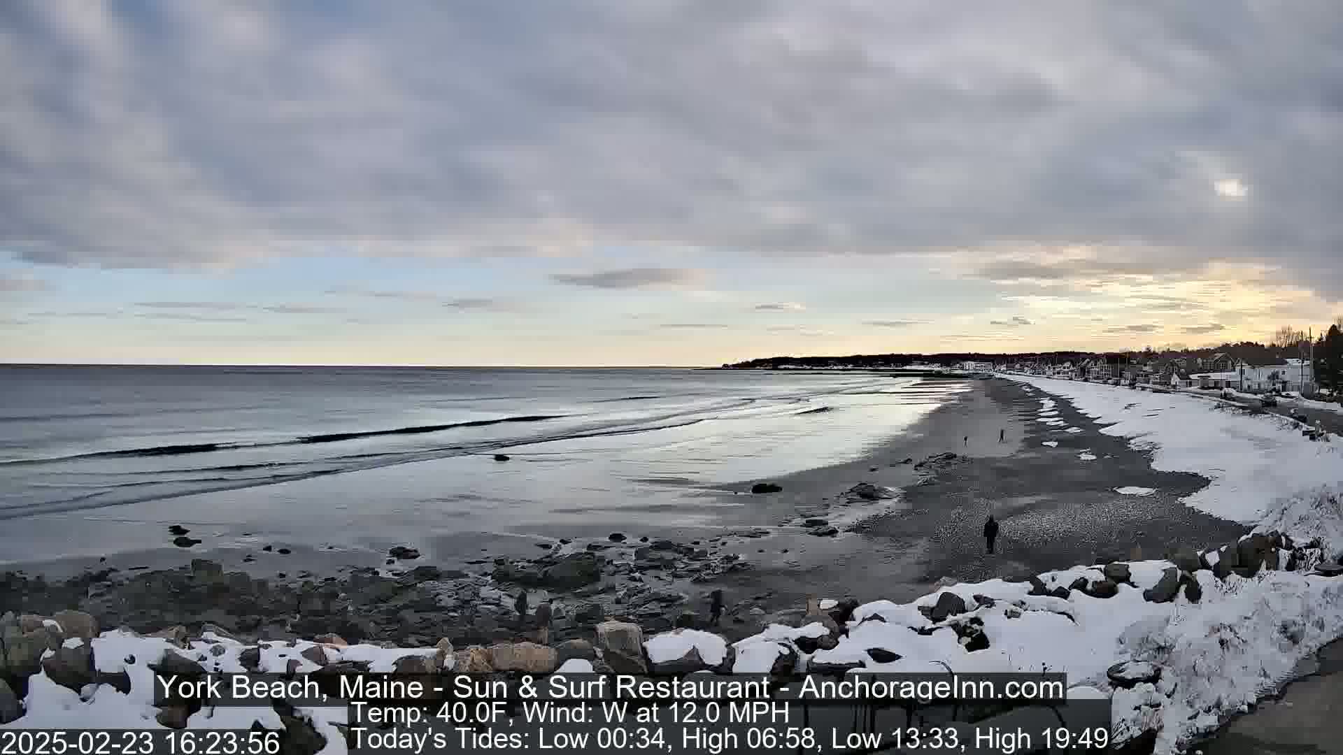 A mostly cloudy, breezy day shows a partially snow-covered beach with a few people walking along the shore and a town visible in the distance.