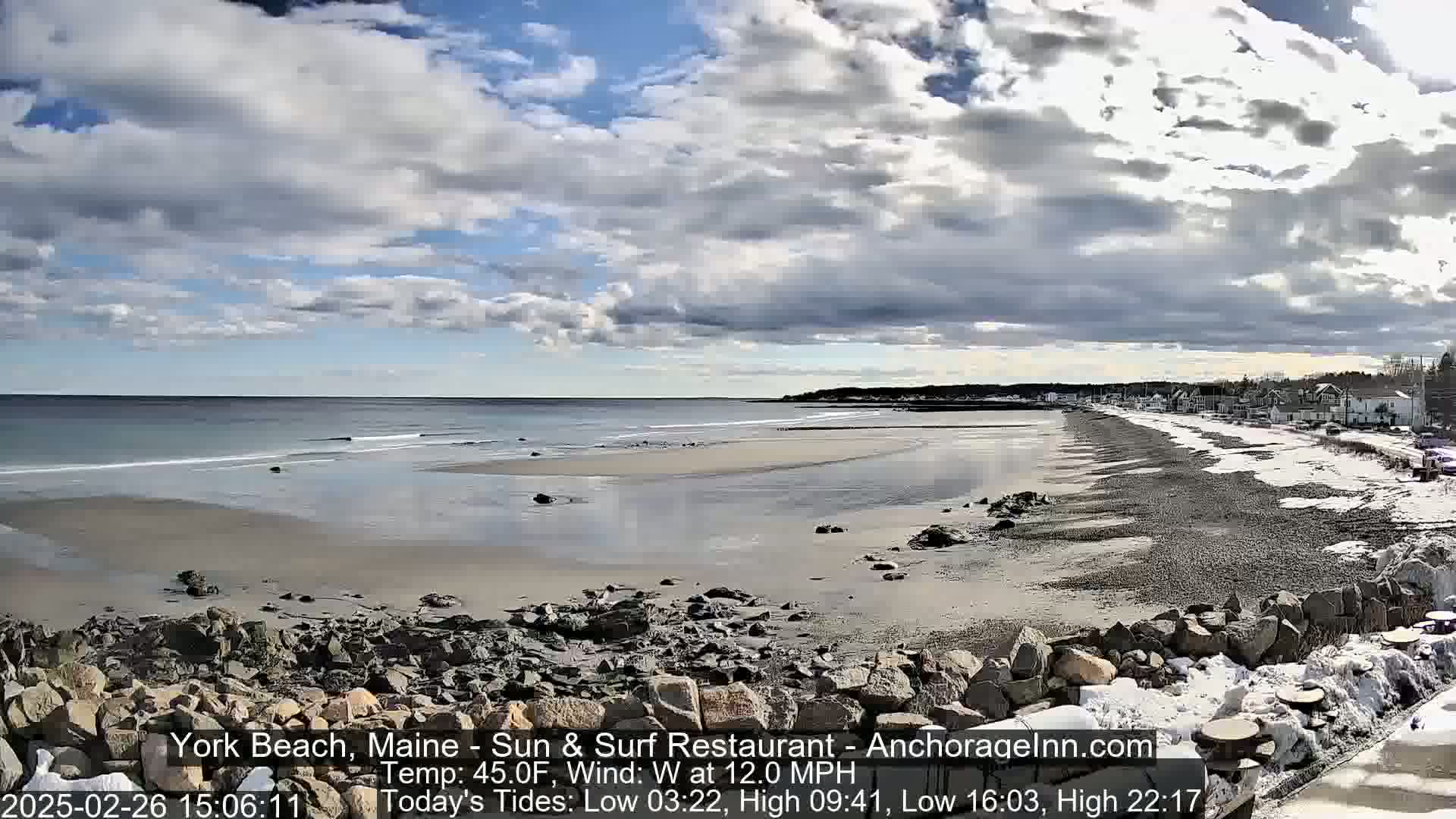 A partly cloudy day at a rocky beach with a calm ocean, some snow on the ground, and buildings in the distance.
