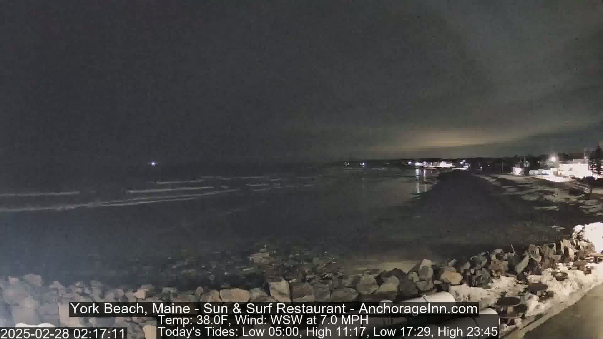 A nighttime view of a dark, calm ocean with a rocky shoreline and a dimly lit town in the background under a dark sky.