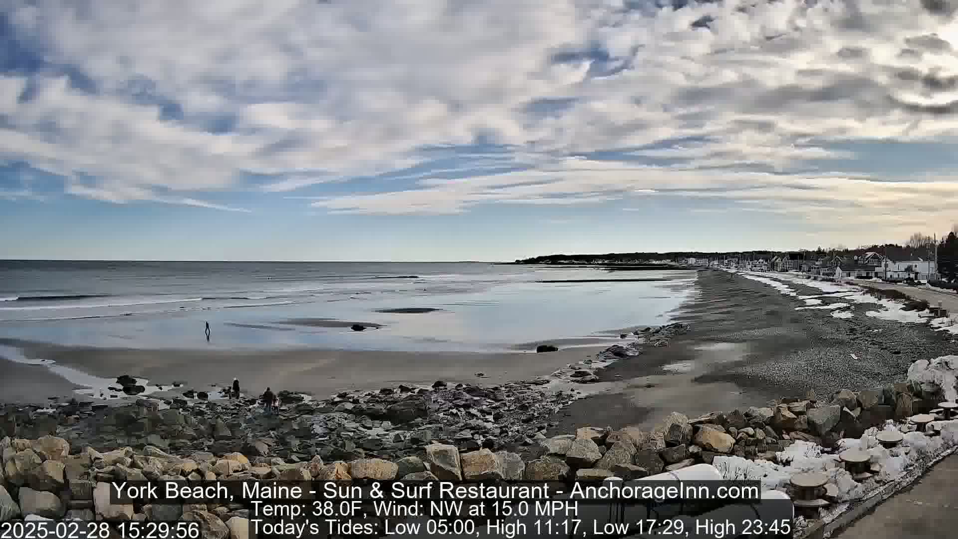 A partly cloudy, cold day at a rocky beach with a calm ocean, a few people walking along the shore, and buildings visible in the distance.