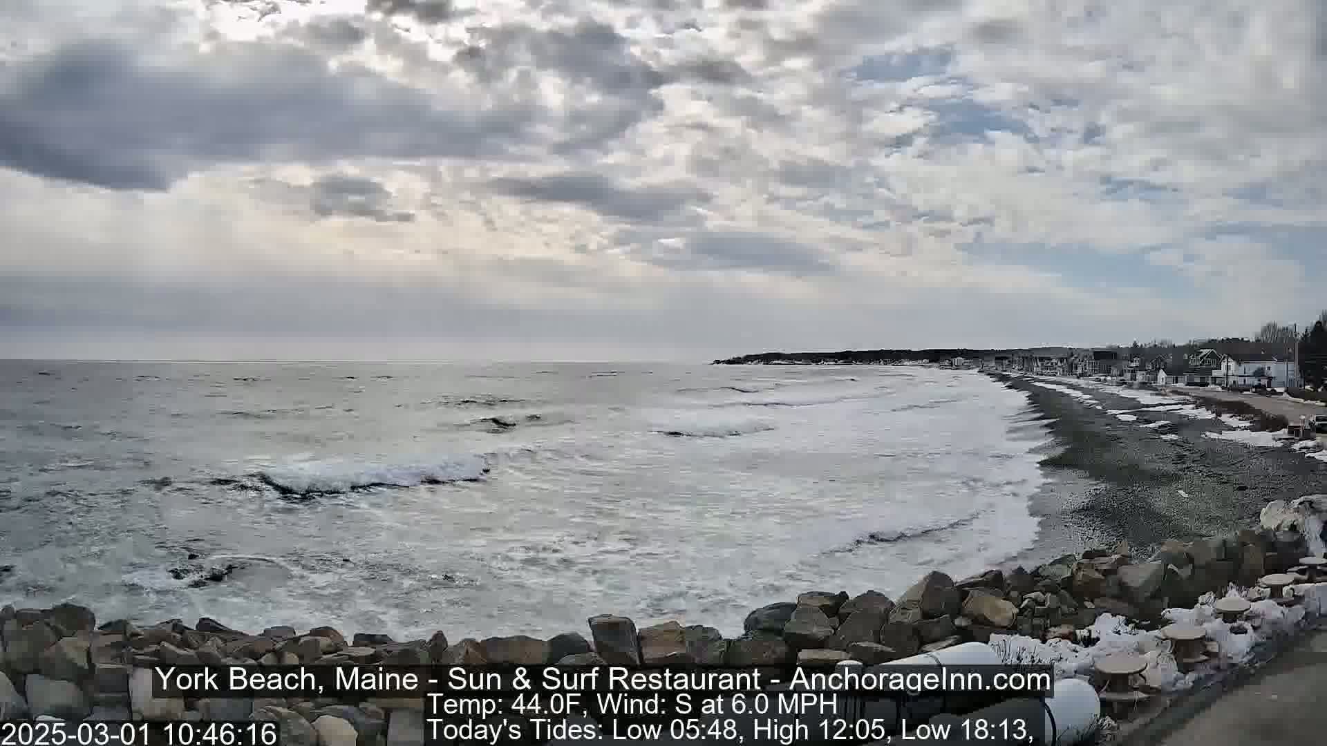 A rocky shoreline with a gray, overcast sky and moderately sized waves crashing on a pebble beach.