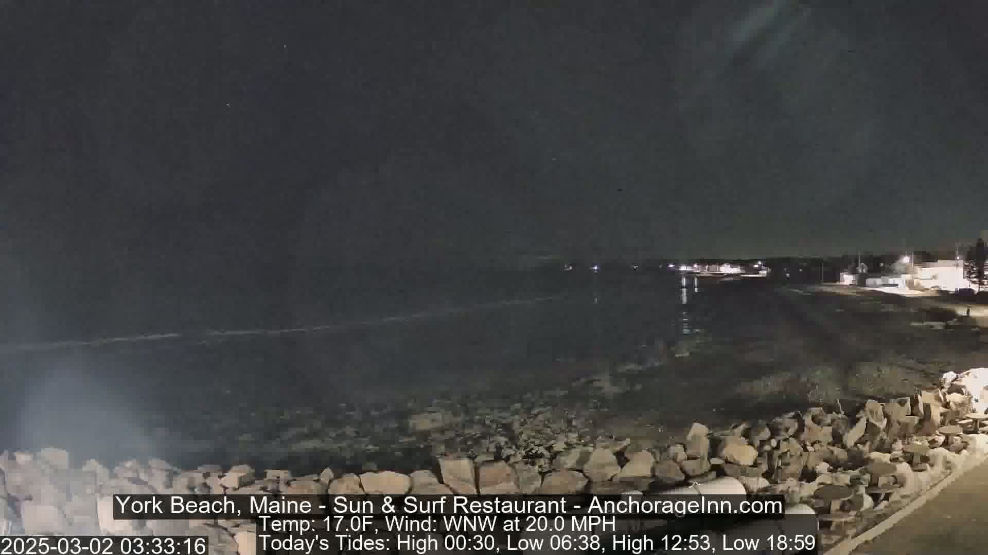 A nighttime view of a rocky shoreline and dark ocean under a clear, starlit sky, with a strong wind.