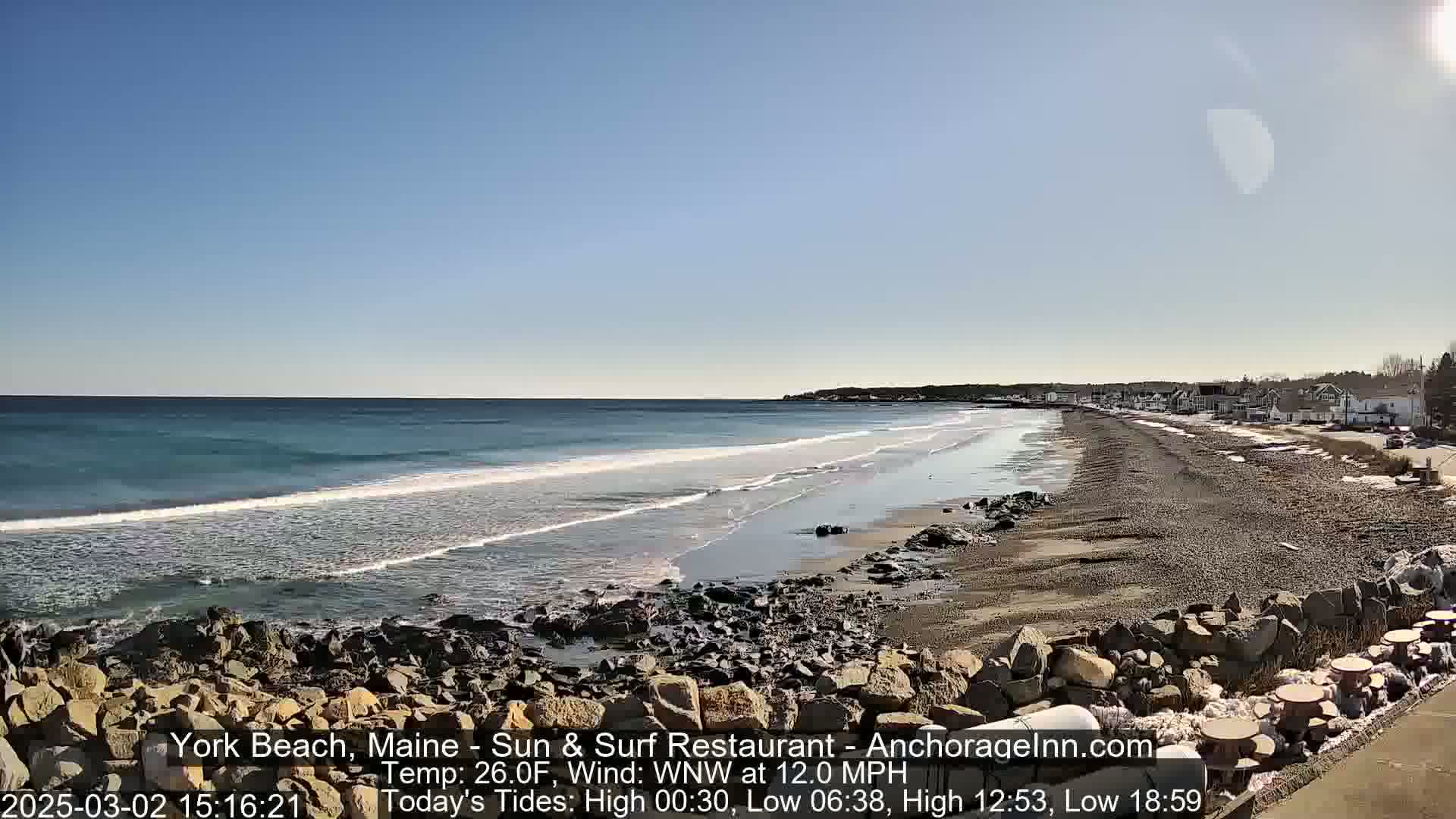 A rocky beach with a gently sloping sandy shore meets a calm ocean under a clear blue sky, with some small waves rolling onto the shore.