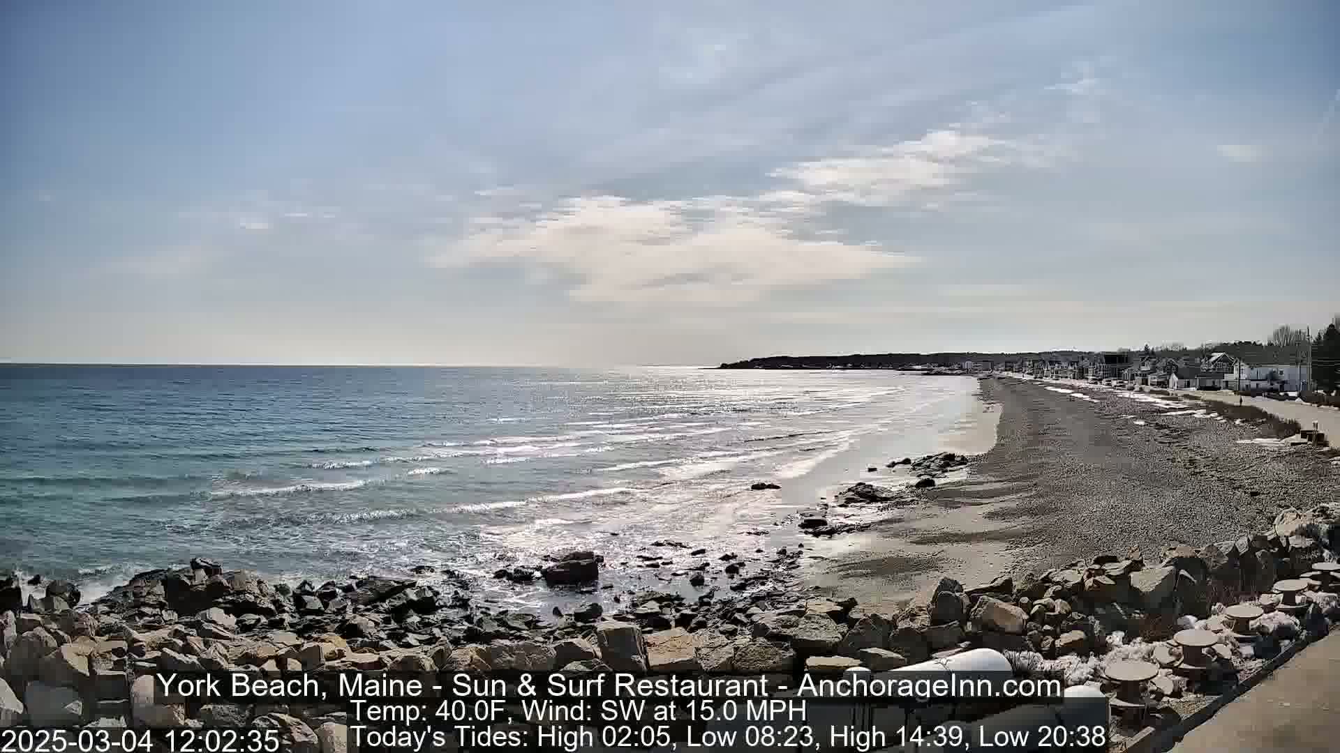 A rocky shoreline with a sandy beach stretches along a calm ocean under a partly cloudy sky.