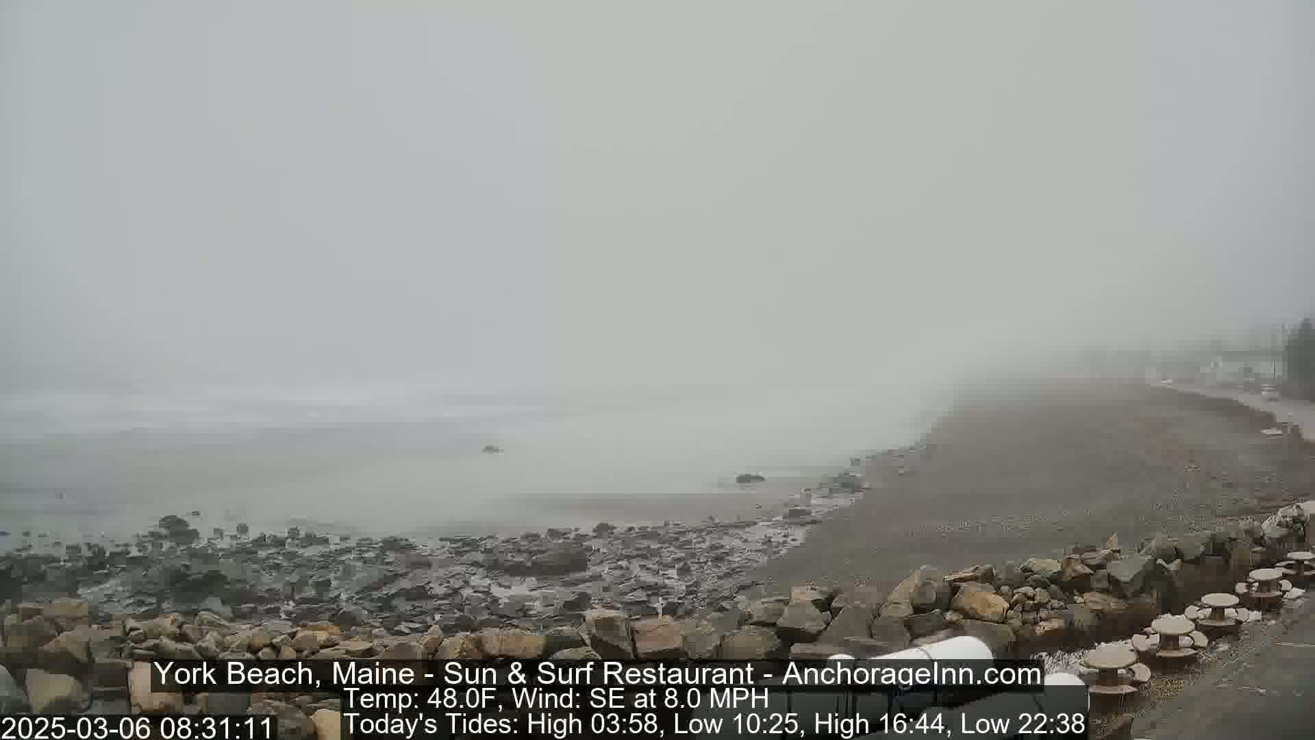 A foggy beach scene shows a rocky shore and calm ocean under a thick fog.