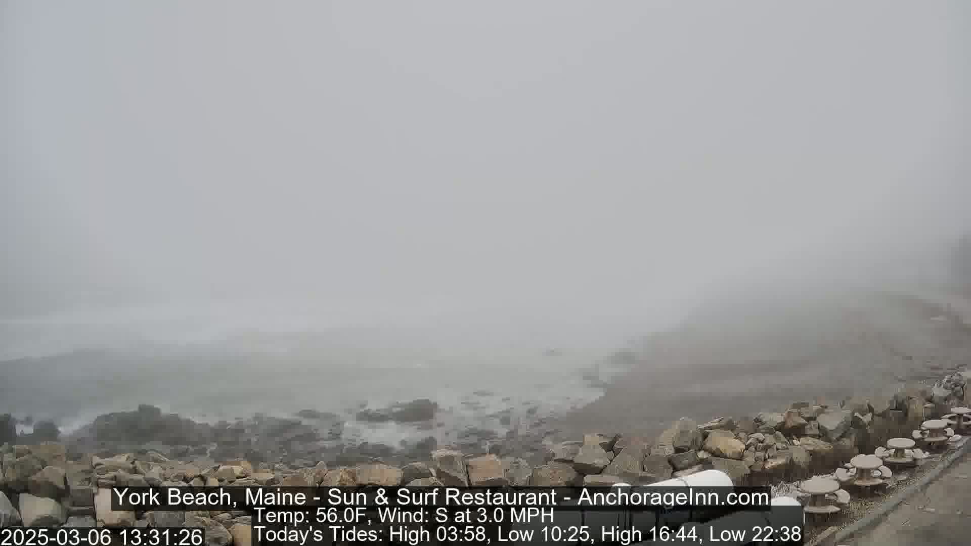A foggy coastal scene shows a rocky shoreline meeting a gray sea under a dense fog.