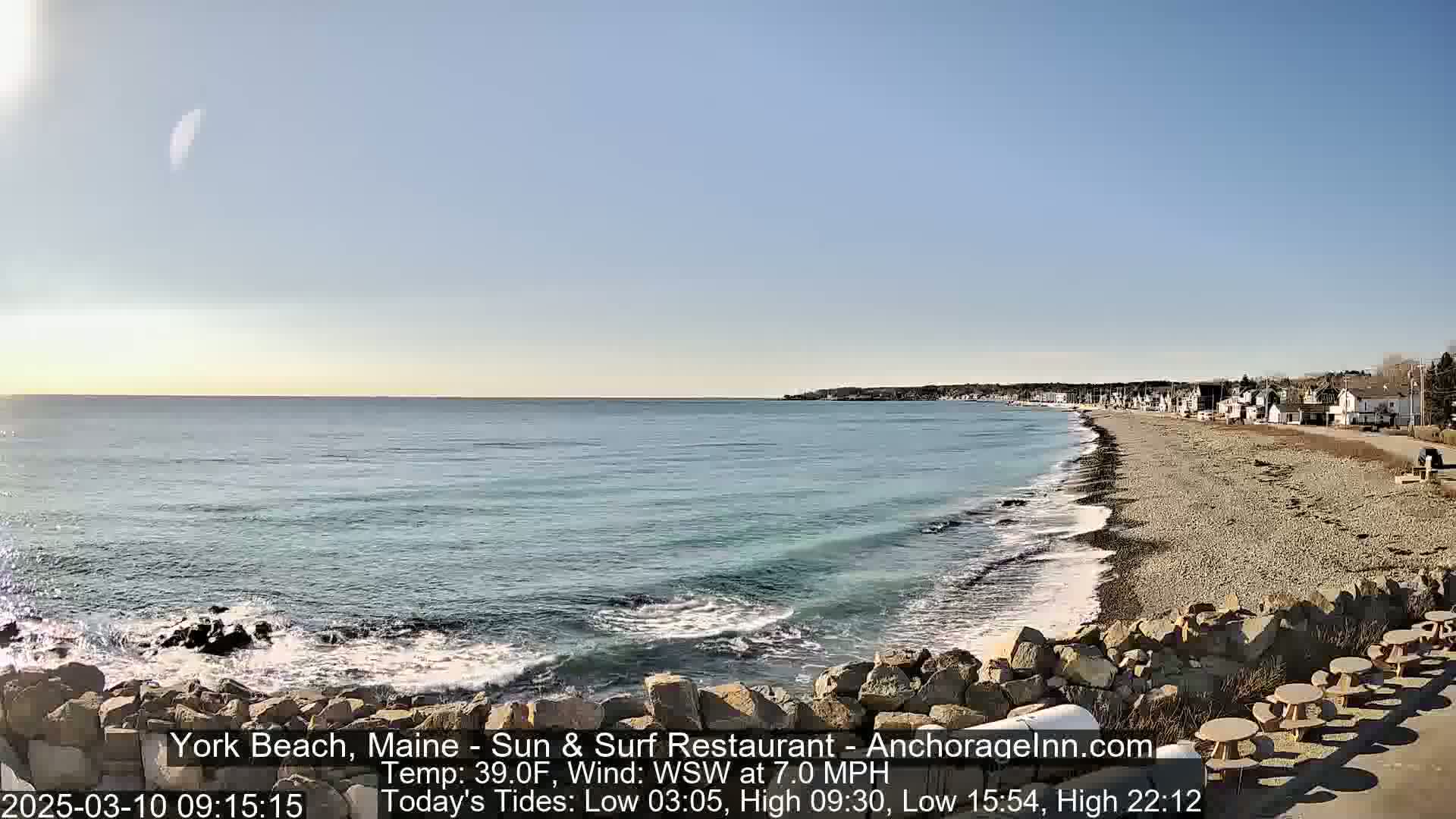 A rocky beach with calm waves and a clear, sunny sky stretches along a coastline dotted with houses.
