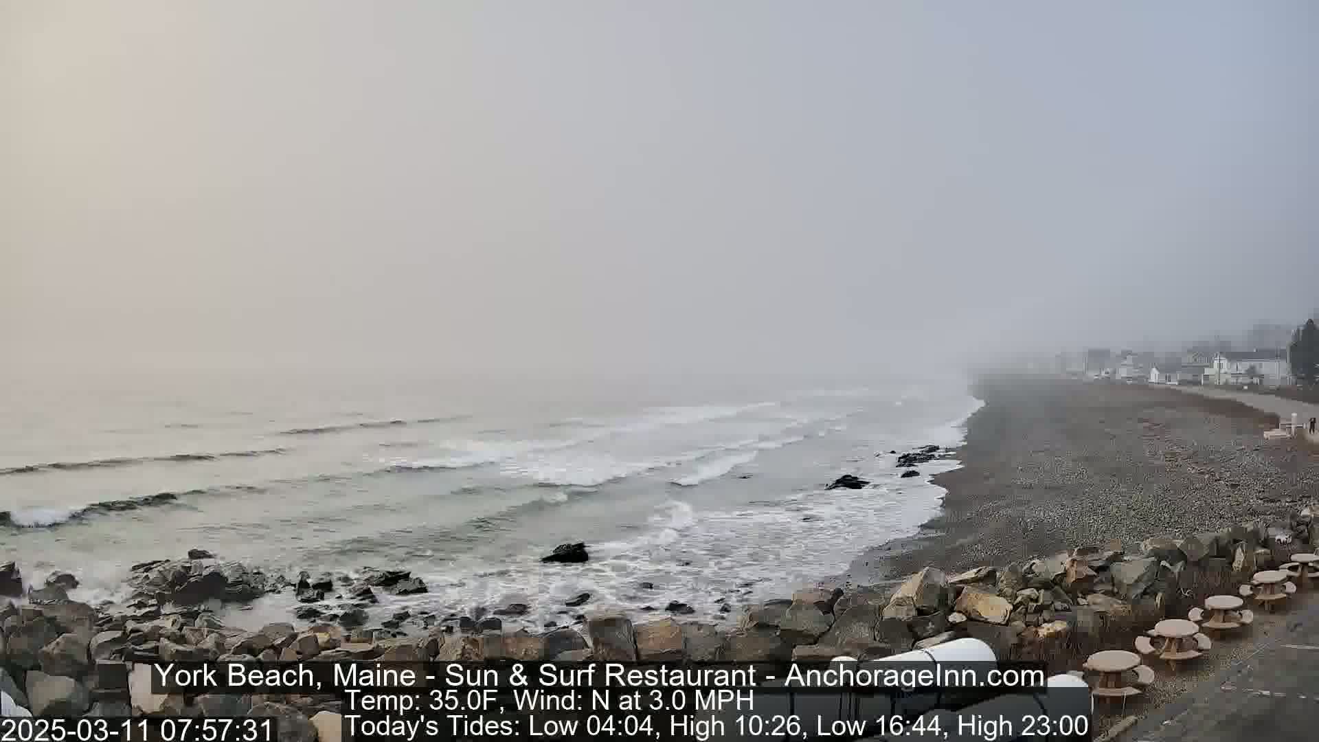 A foggy, gray beach with small waves lapping at a rocky shore, featuring picnic tables and a distant shoreline with houses.