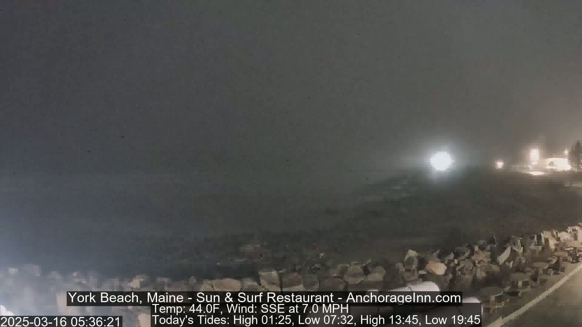 A foggy, nighttime scene shows a rocky shoreline and a dimly lit road.