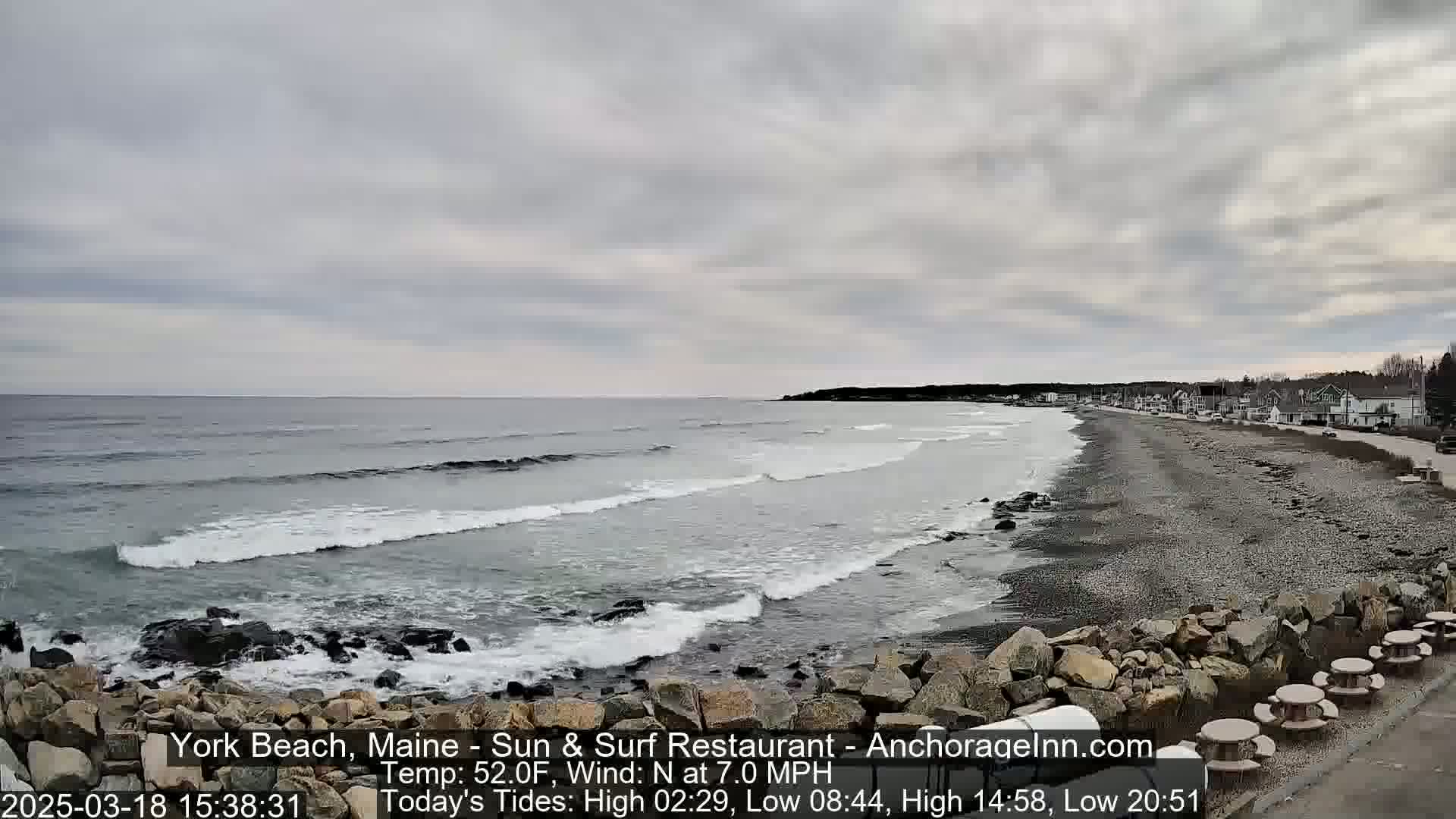 A rocky shoreline with picnic tables overlooks a gray, overcast ocean with gentle waves breaking on the beach.