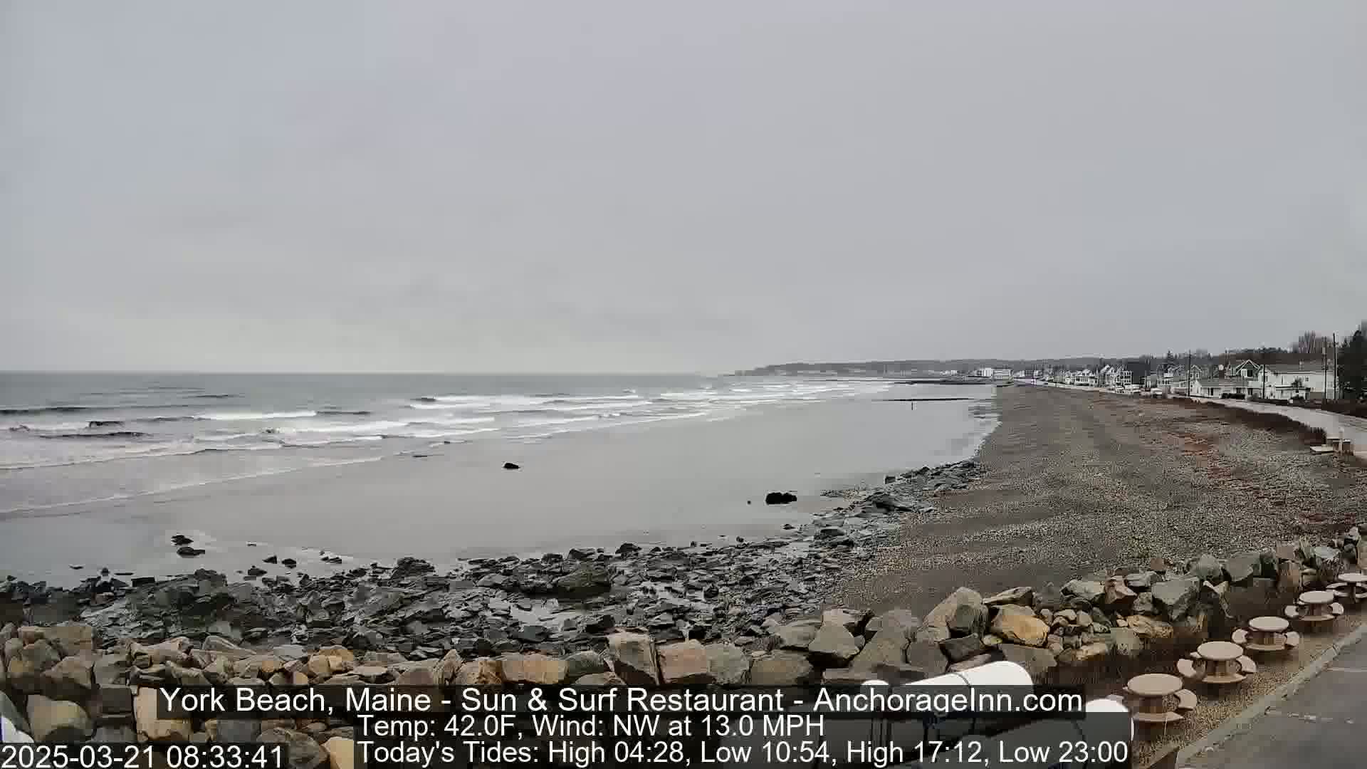 A rocky beach stretches alongside a calm, gray ocean under an overcast sky.