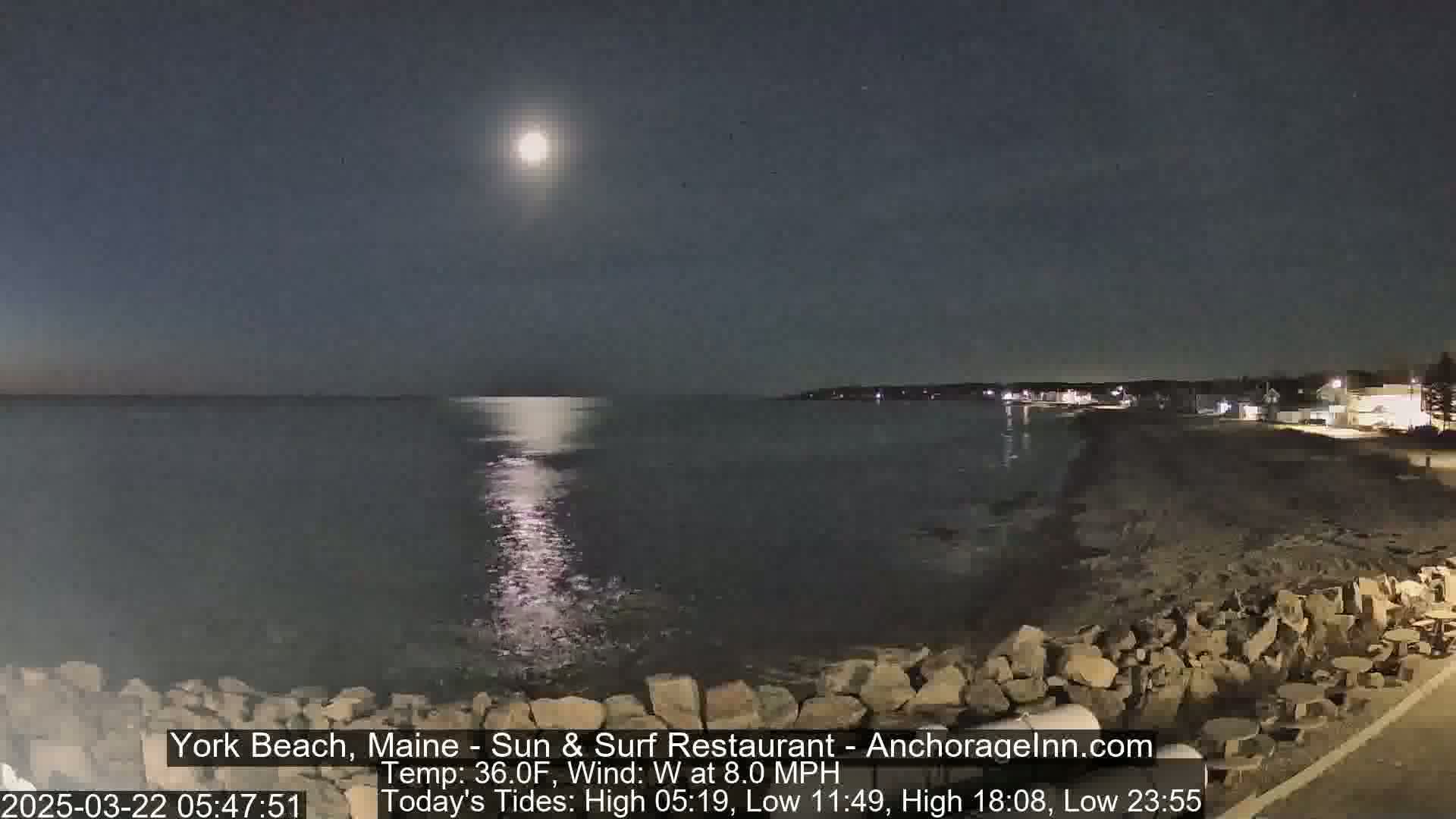 A bright moon illuminates a calm ocean at night, with a rocky shoreline and distant lights visible under a clear sky.