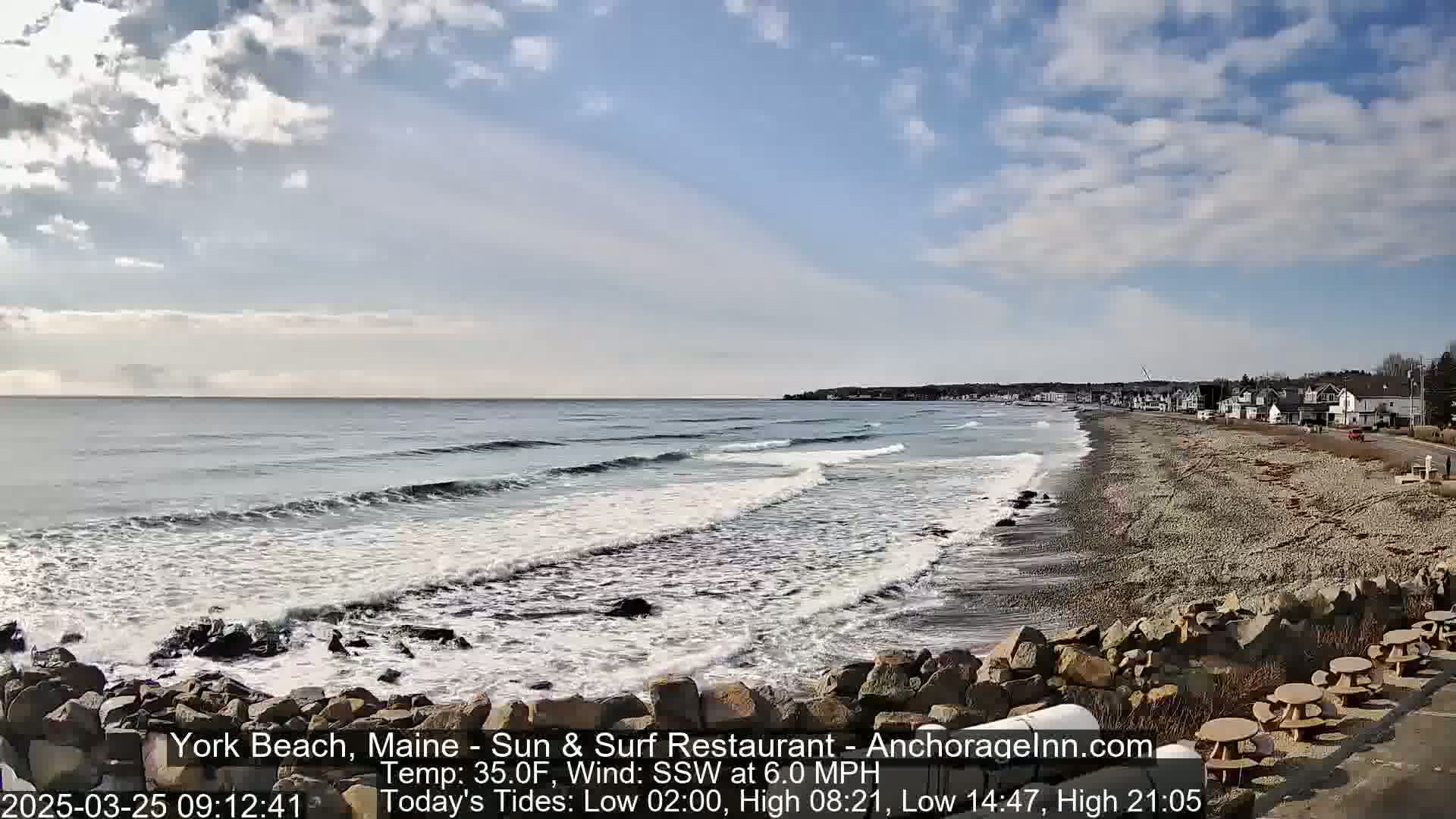 A partly cloudy day shows gentle waves lapping a pebbled beach with picnic tables and houses visible in the distance.