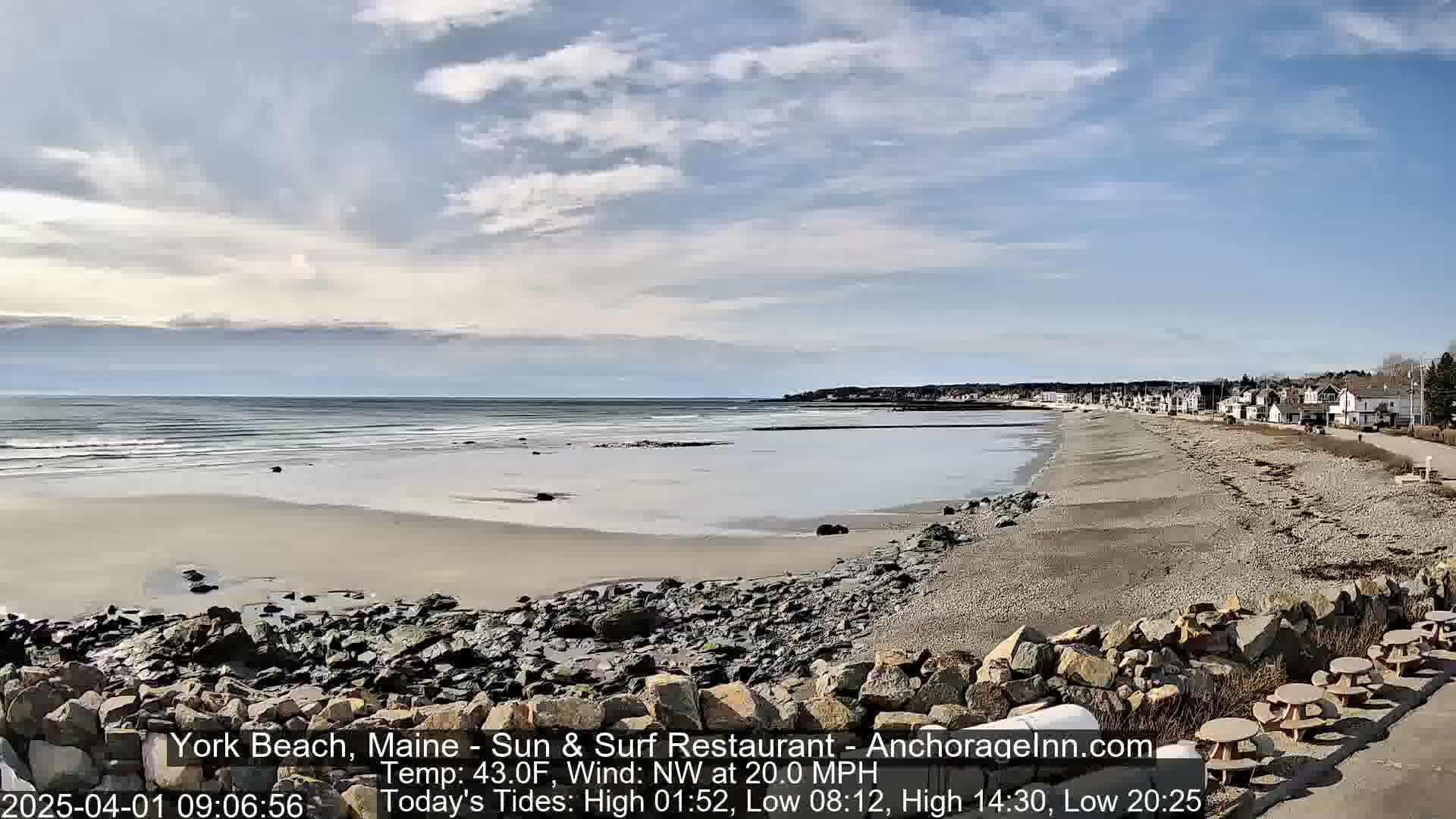 A sandy beach with rocky areas and calm ocean waves stretches out under a partly cloudy sky.