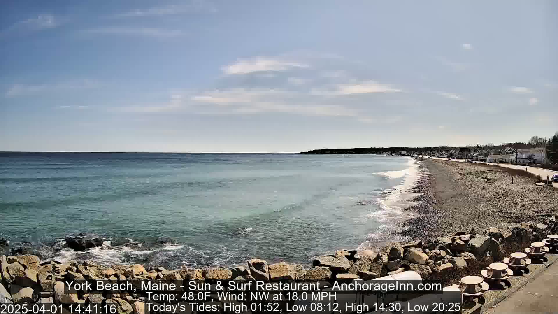 A rocky shoreline with picnic tables overlooks a calm, blue ocean under a partly cloudy sky.