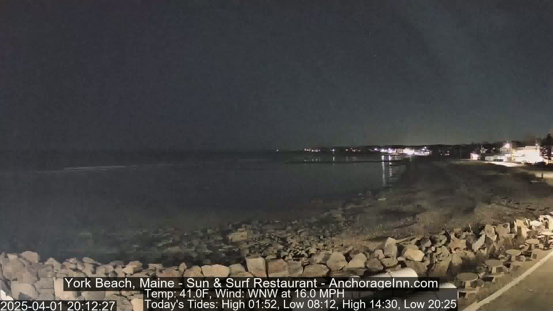 A dark, nighttime beach scene shows a rocky shoreline and calm water under a clear, starlit sky.
